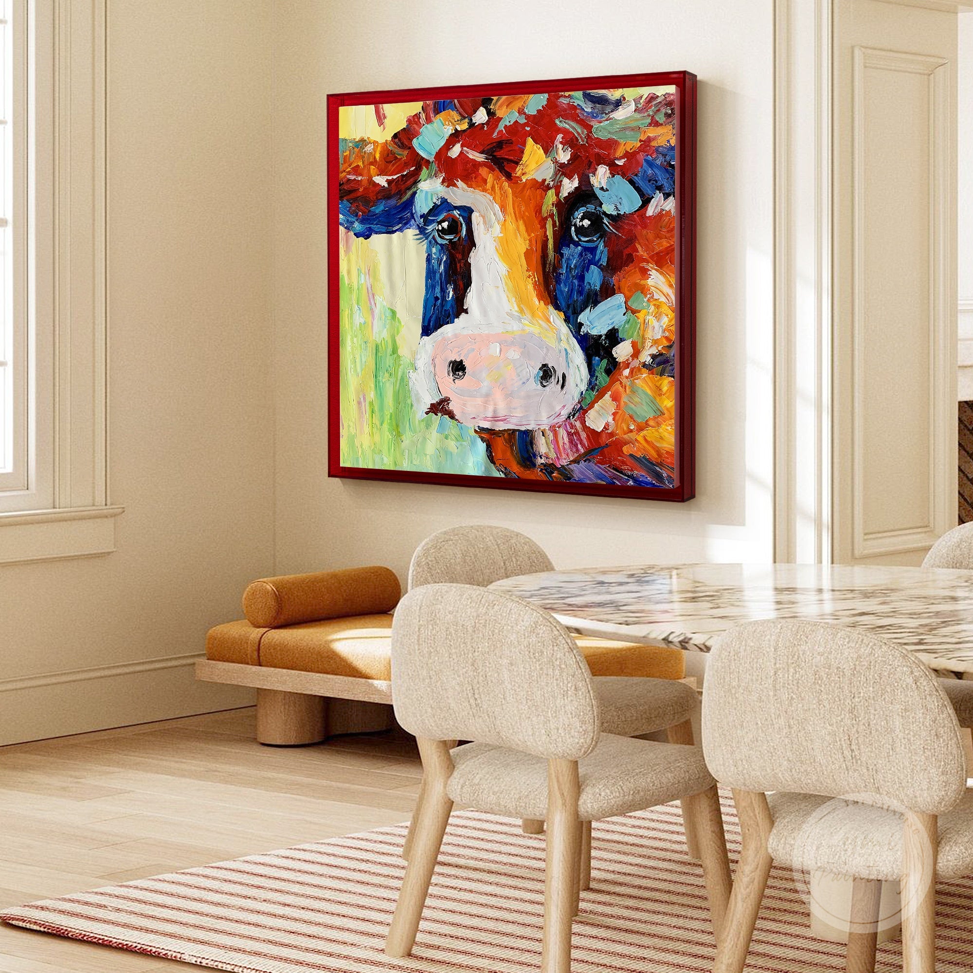Modern animal art featuring a cow painting, blending contemporary style with rustic charm.