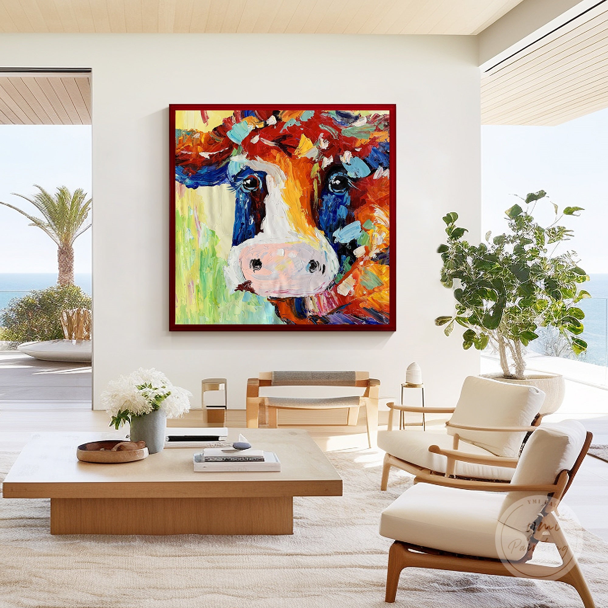 Cow oil painting with floating canvas frame, creating a bold and unique wall statement.