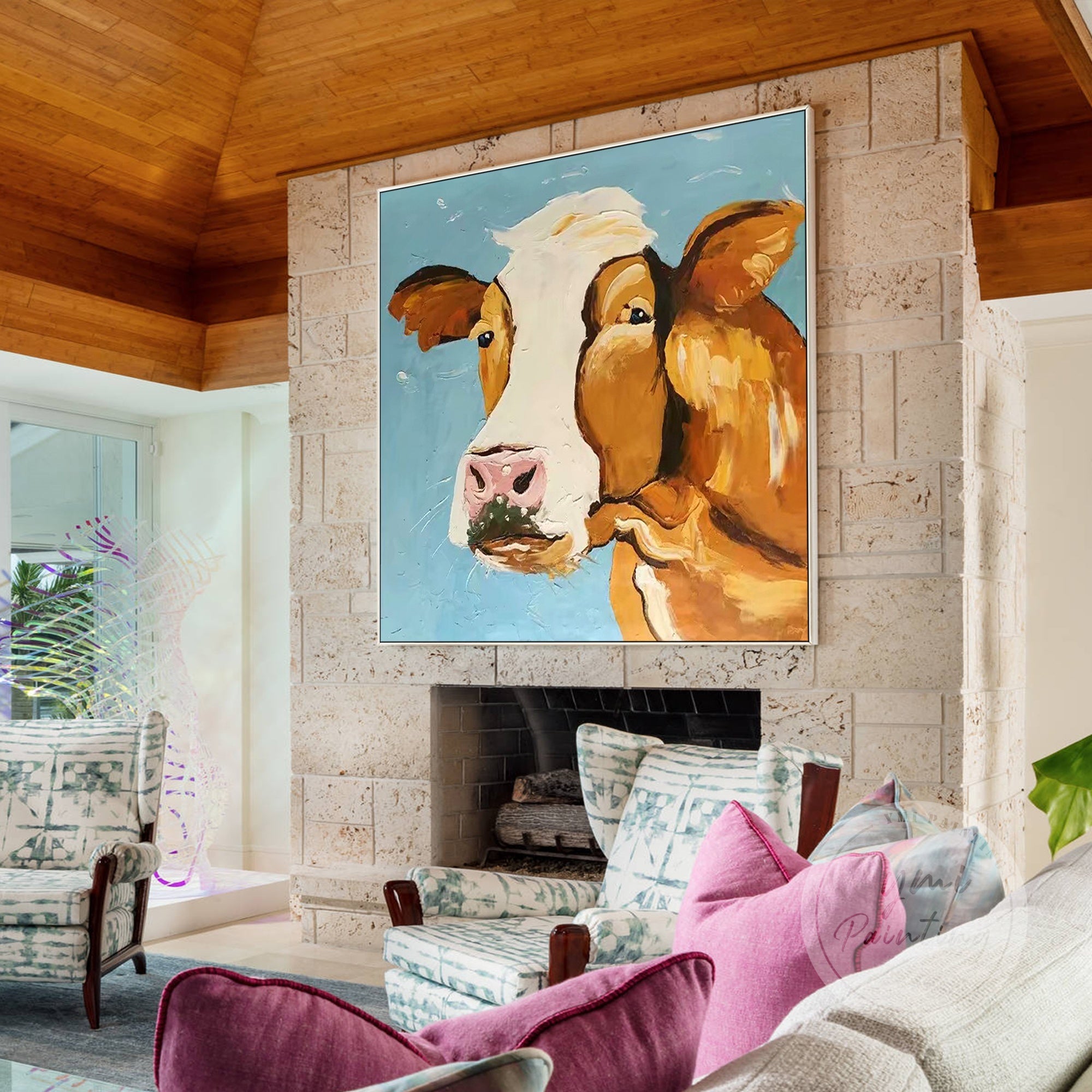 Original farm animal artwork featuring a cow in vibrant colors and expressive brushwork.