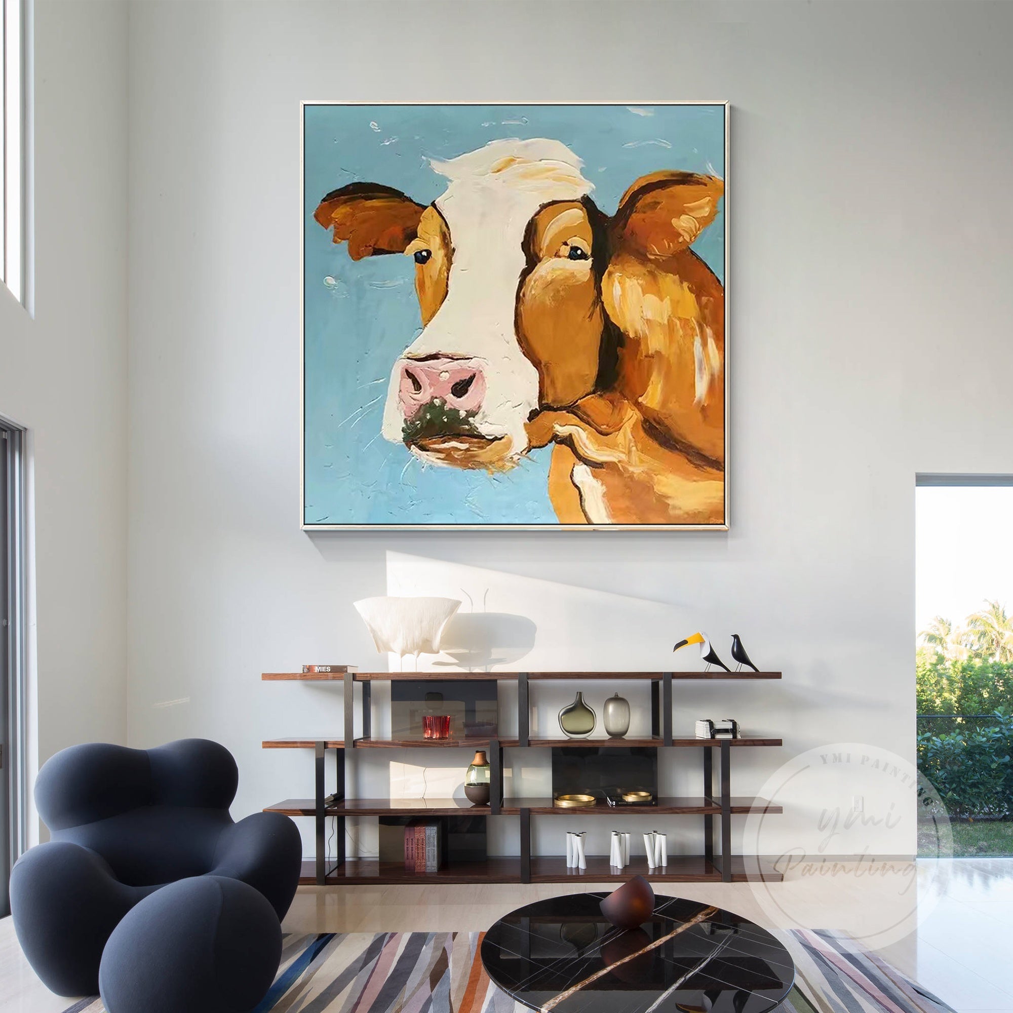Abstract cow painting in a contemporary style, perfect for adding a rustic touch to your space.