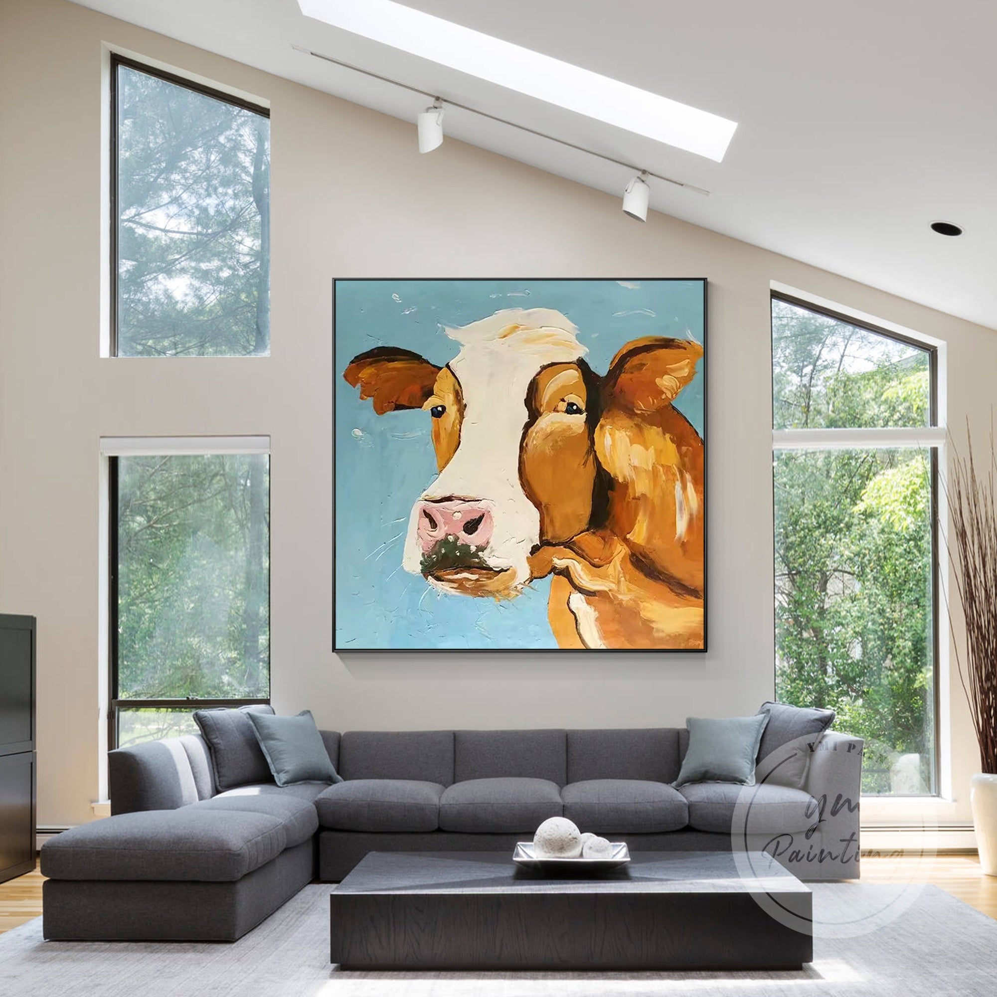 Large cow canvas art with textured brushstrokes and natural beauty, ideal for farmhouse decor.