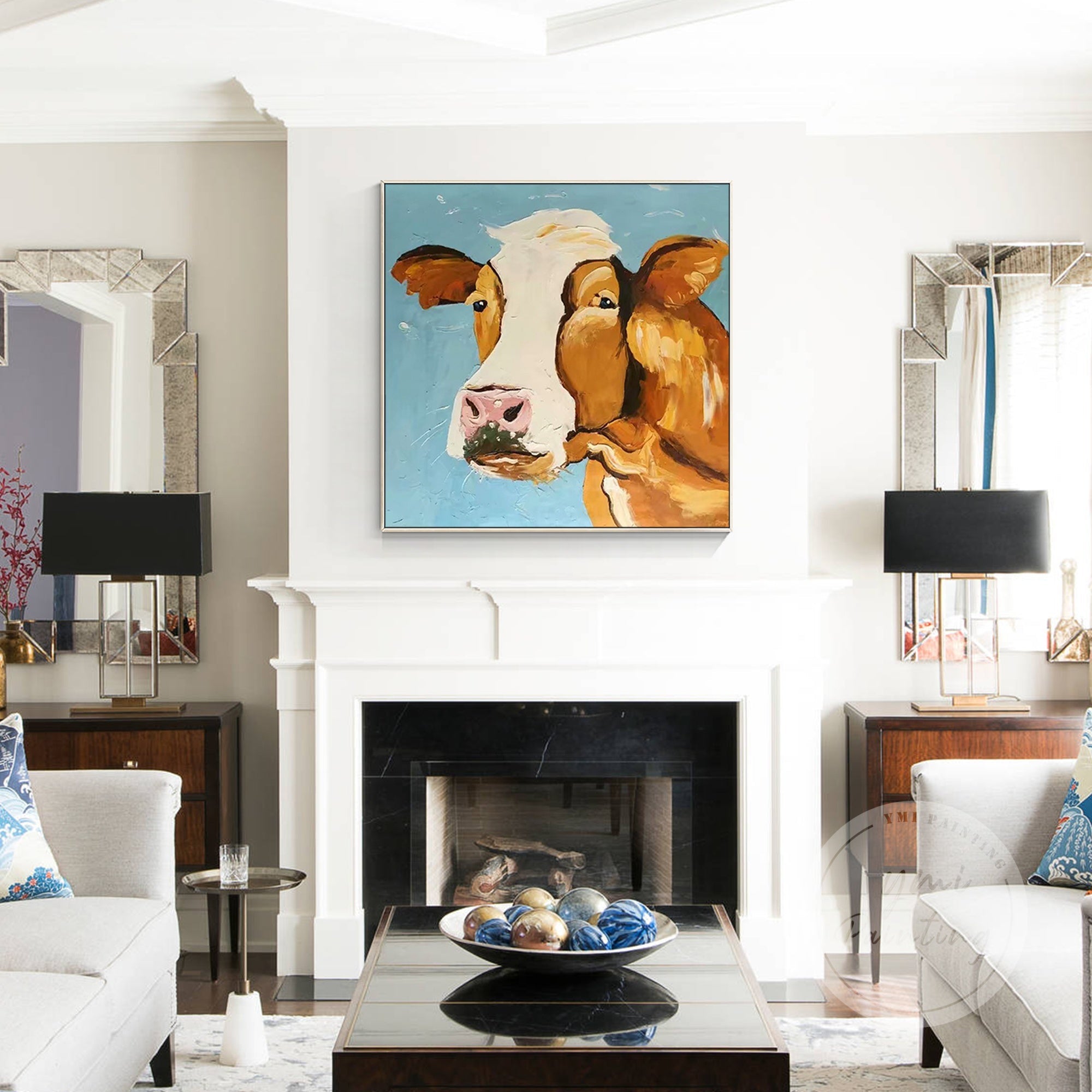 Beautiful cow decor painting, hand-painted with a palette knife technique for texture and detail.
