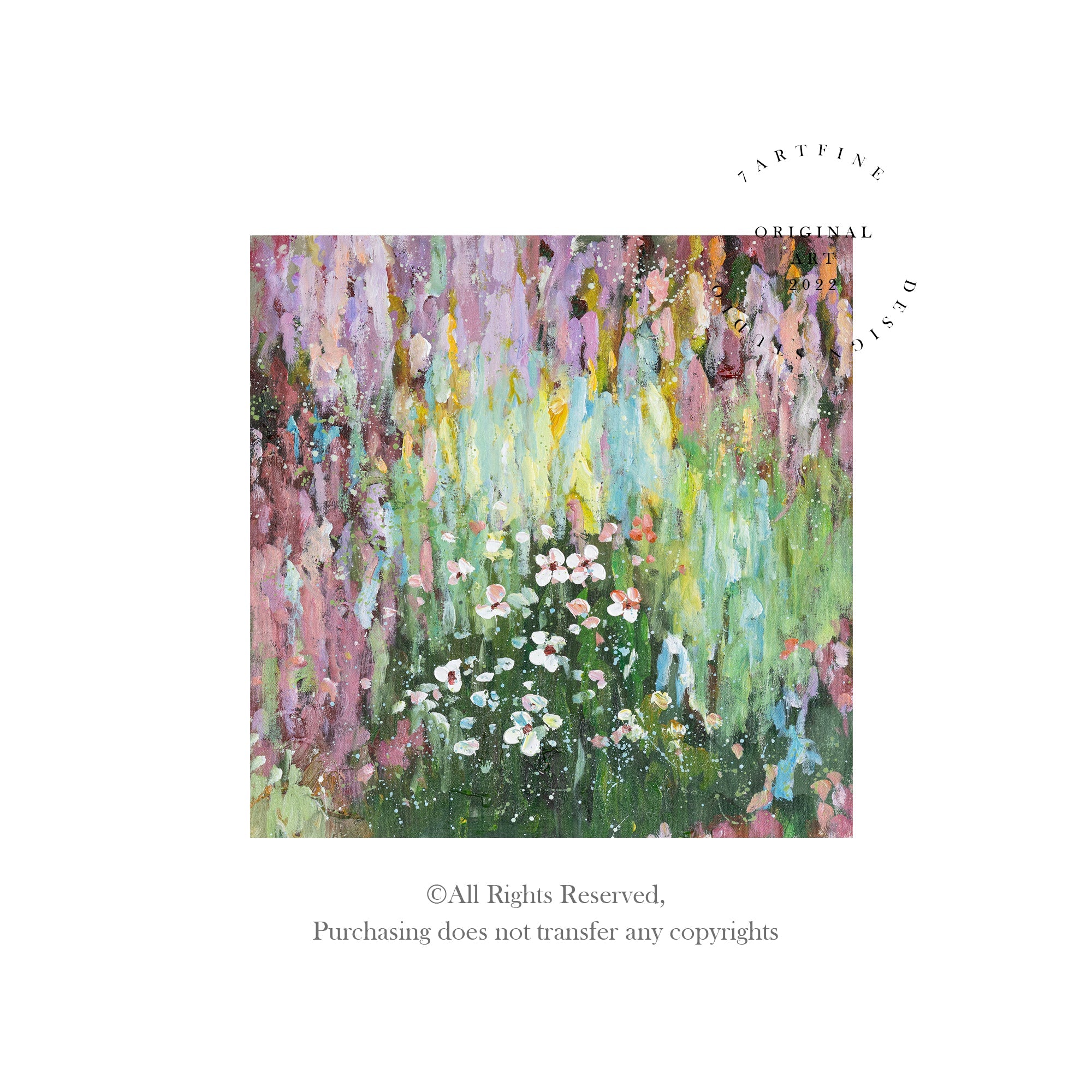 Textured abstract flower painting with light green background and scattered small blooms for bedroom or office.