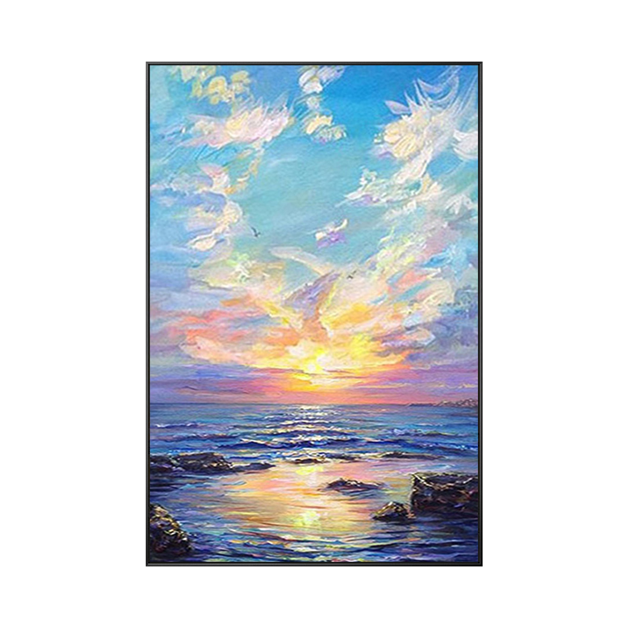 Dreamy Sunset Scene with Clouds and Ocean Reflections in a Black Frame