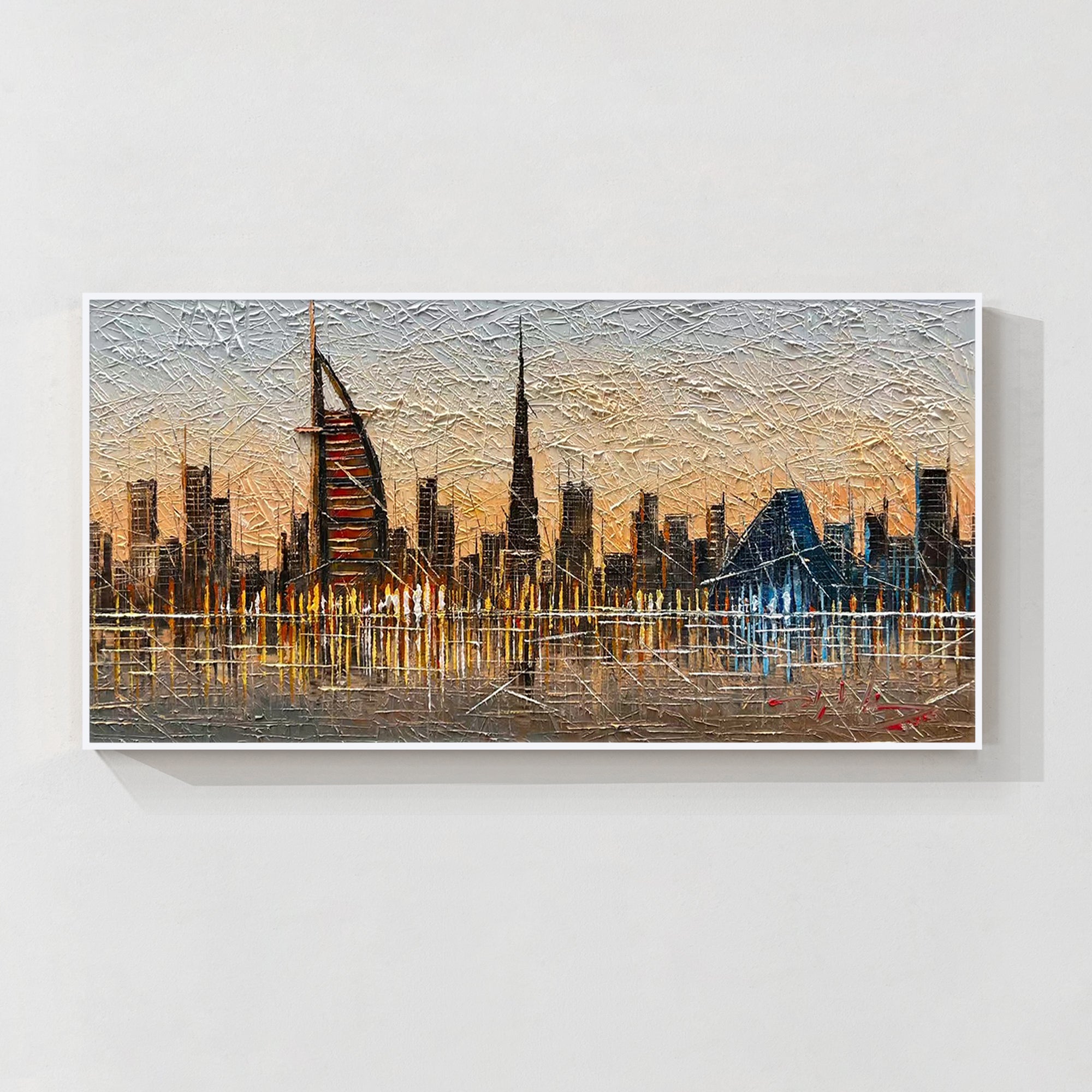 Framed Dubai wall art, featuring a 3D textured depiction of Burj Khalifa and Al Fahidi Tower, designed to bring a modern, sophisticated feel to your home or office.