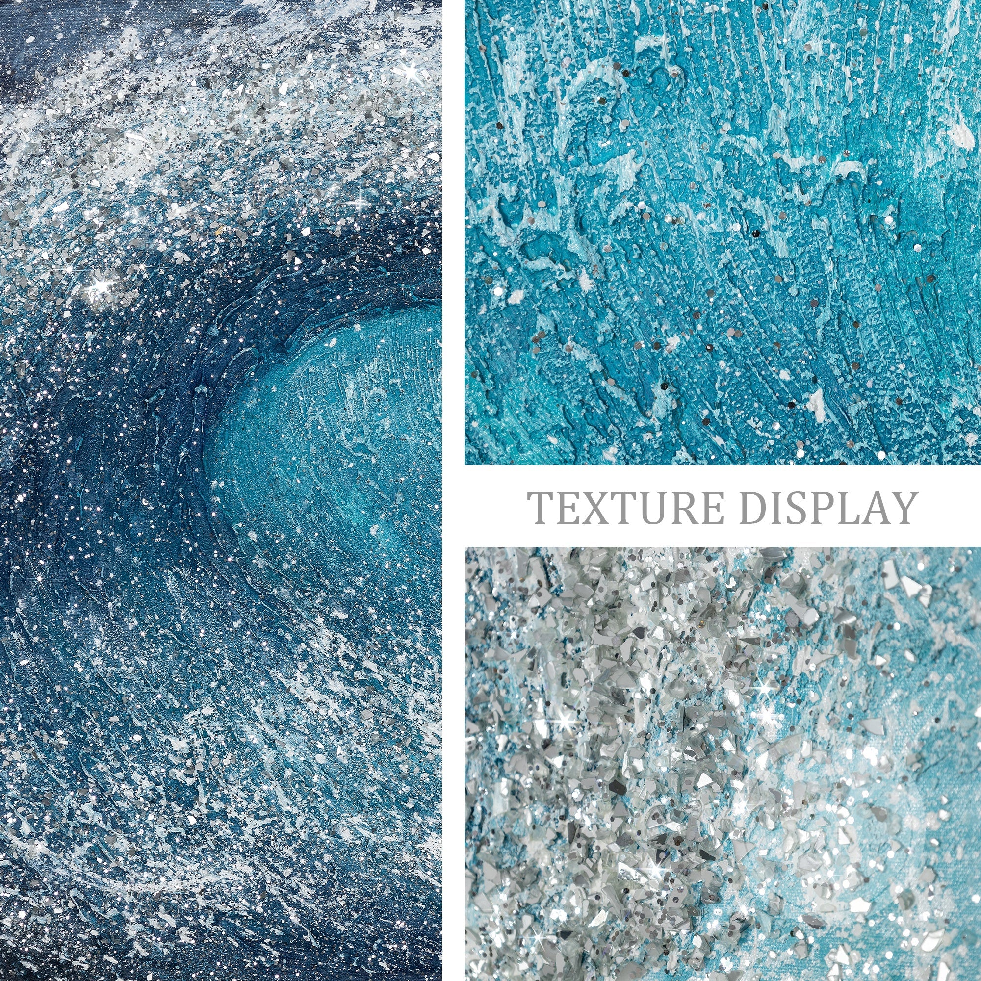 Blue and silver ocean wave painting with glitter texture