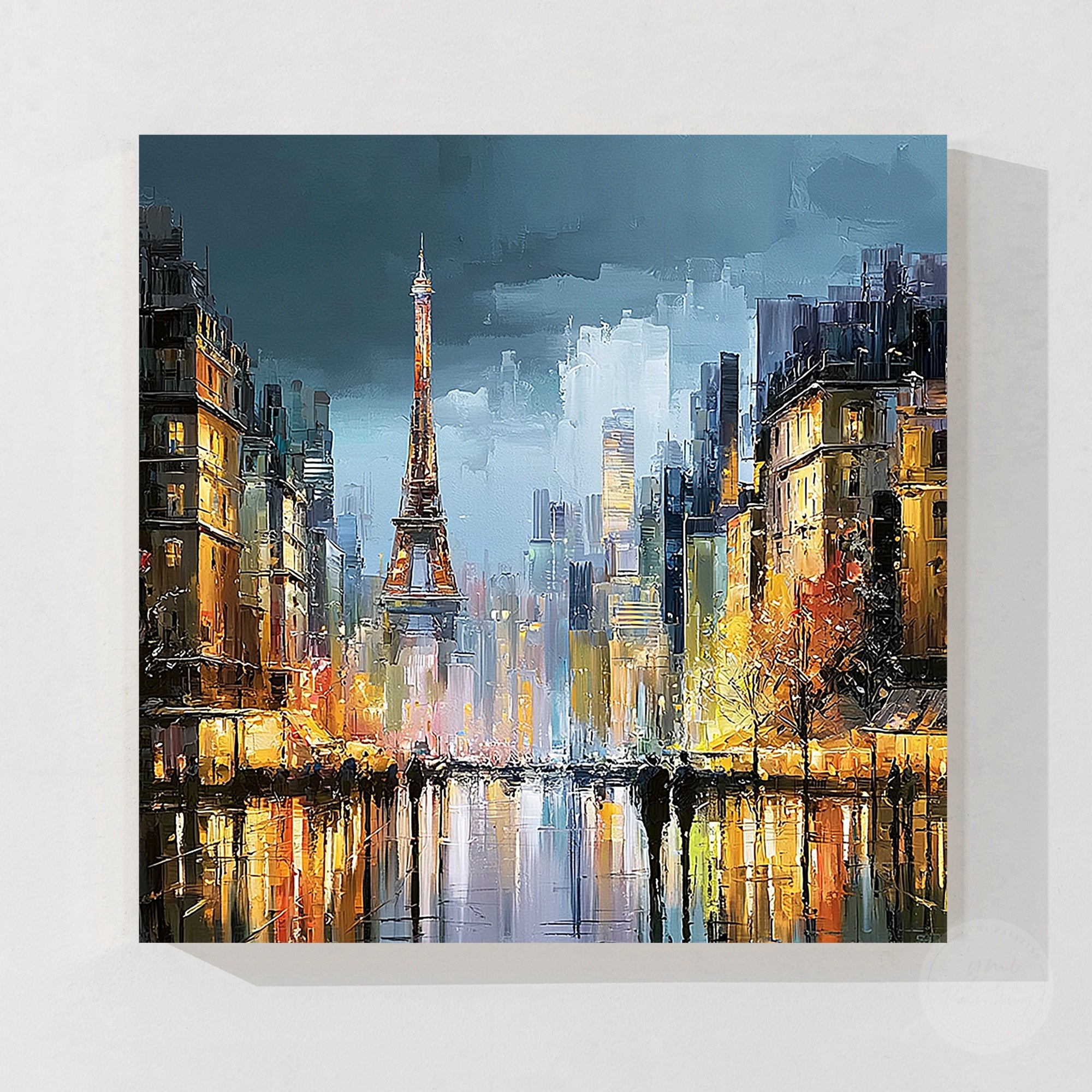 Modern Eiffel Tower canvas with warm golden city lights