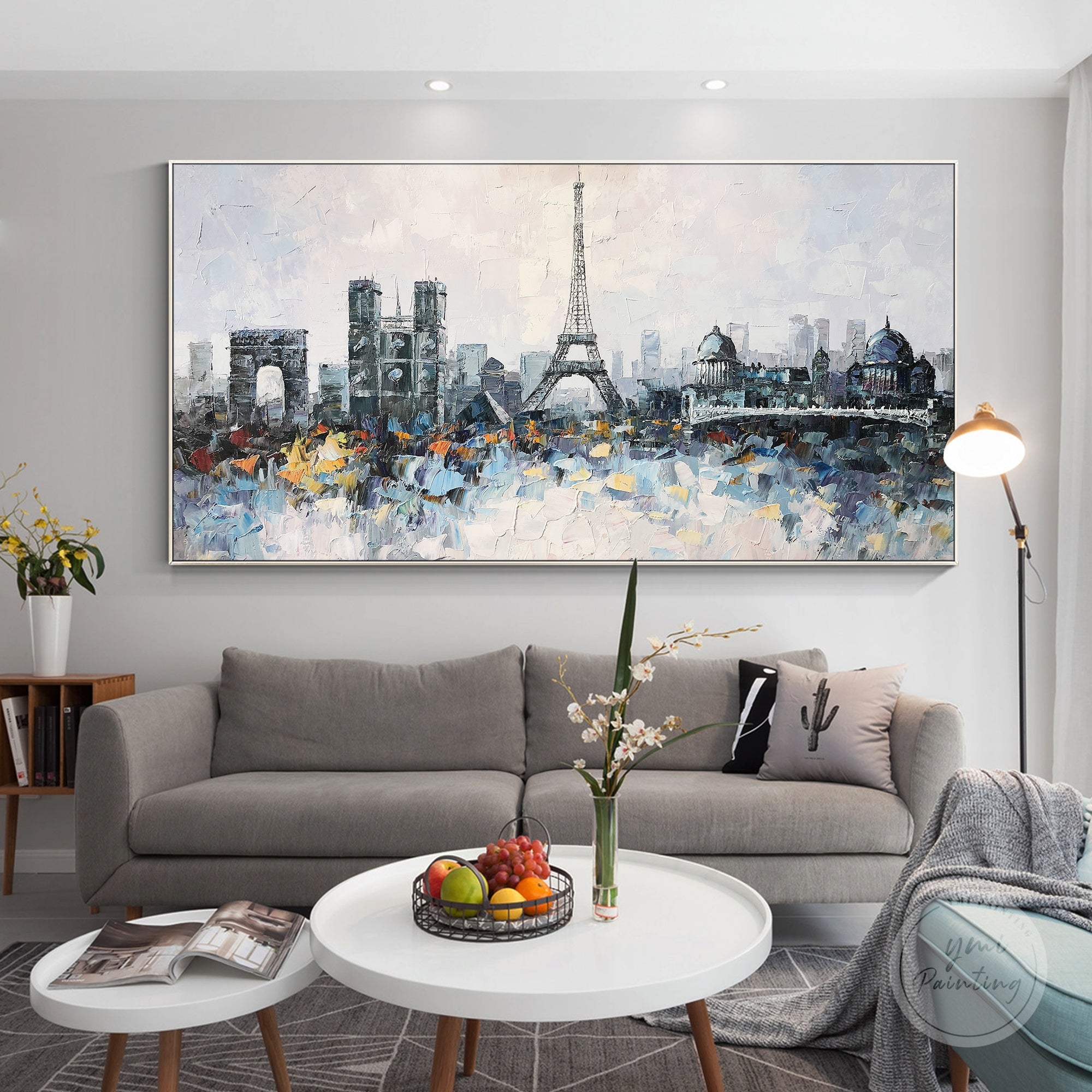 Hand-painted Eiffel Tower cityscape art, with heavy texture and expressive brushwork for a dynamic effect.