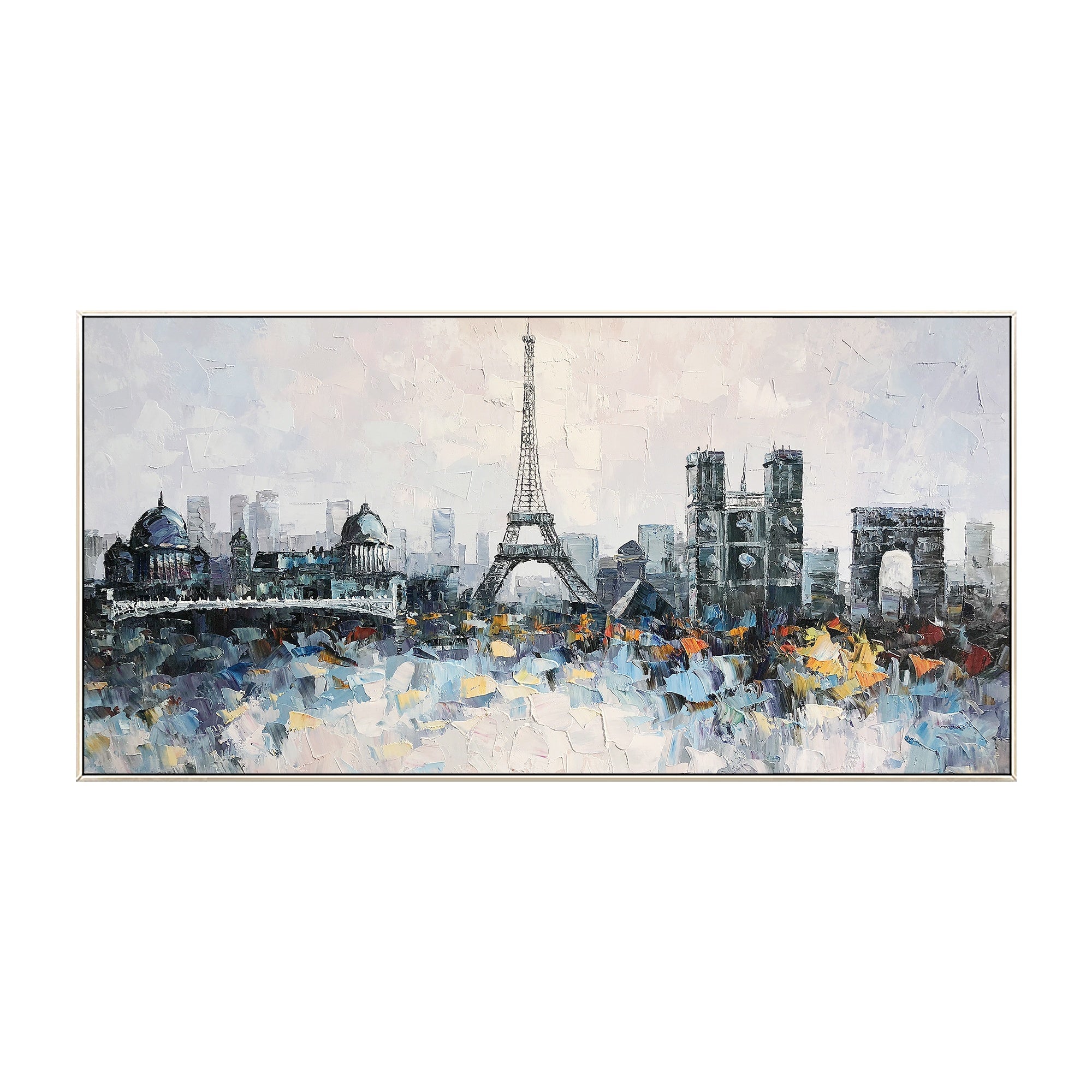 Hand-painted Eiffel Tower artwork with vibrant hues and heavy texture, perfect for a sophisticated urban touch.