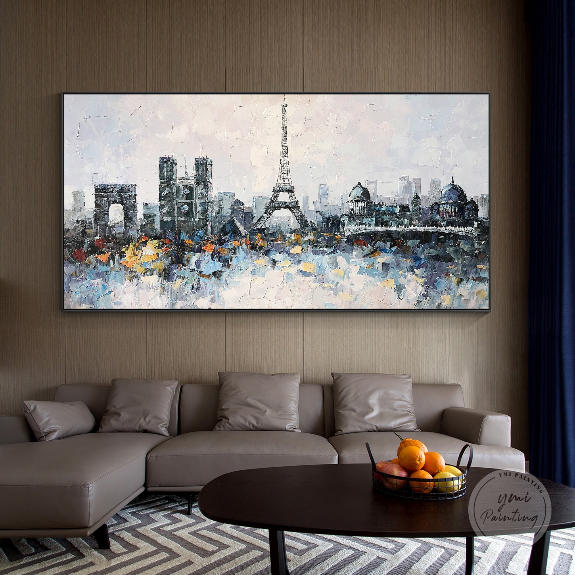 Paris Eiffel Tower painting, featuring textured details and bold colors, ideal for statement wall decor.