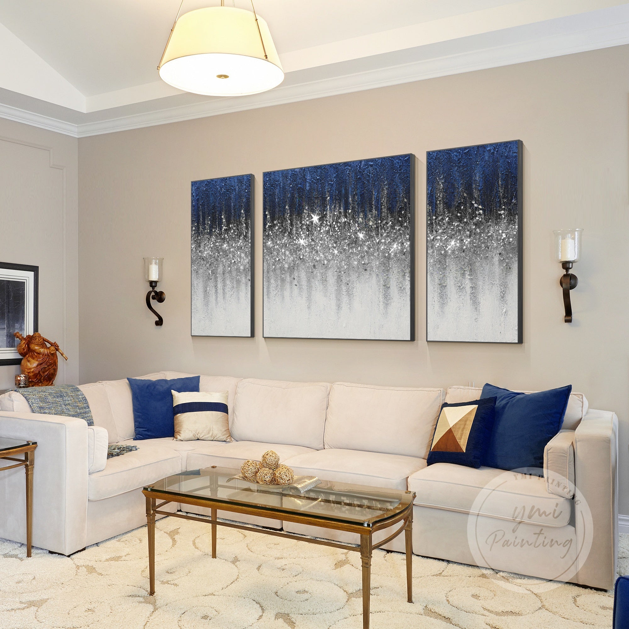 Elegant 3-panel art set with silver glitter, navy blue, and textured gradient