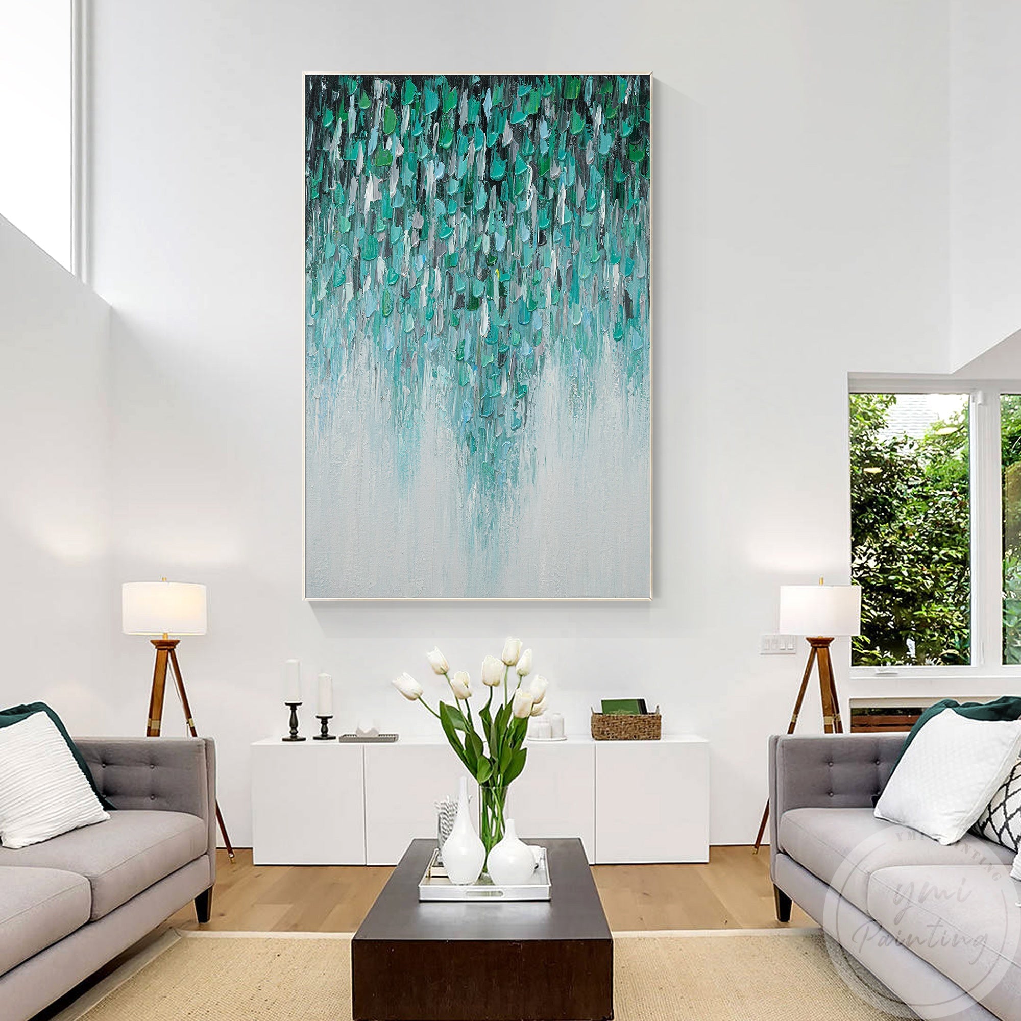 Turquoise and gray abstract brushstroke design on canvas for cozy living room.
