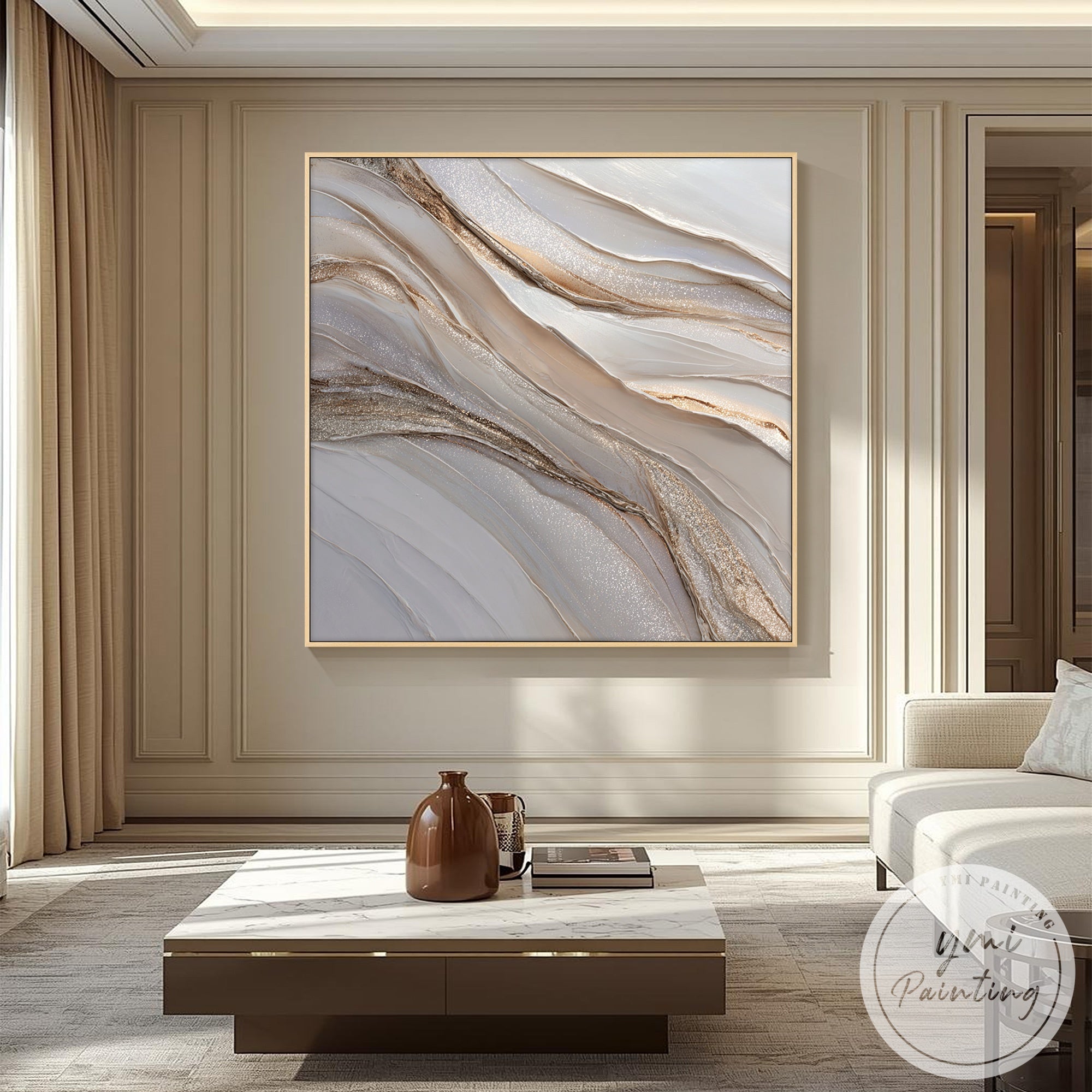 Large abstract flowing wave painting above sectional sofa in contemporary living room