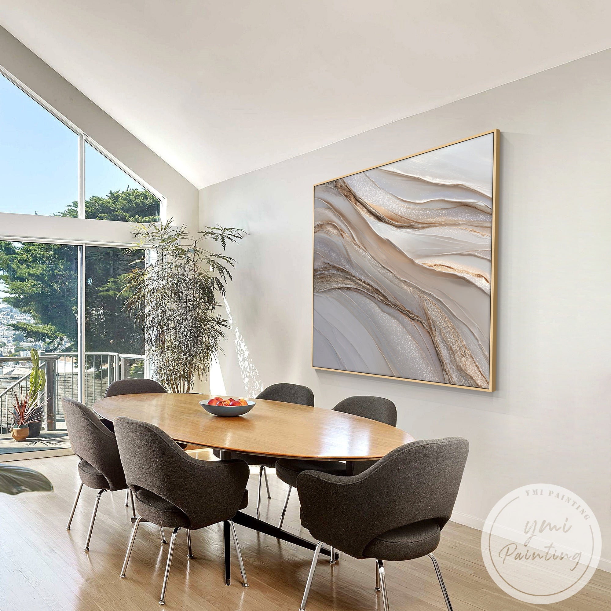 Luxury neutral canvas artwork in Japandi style bright living room with natural light