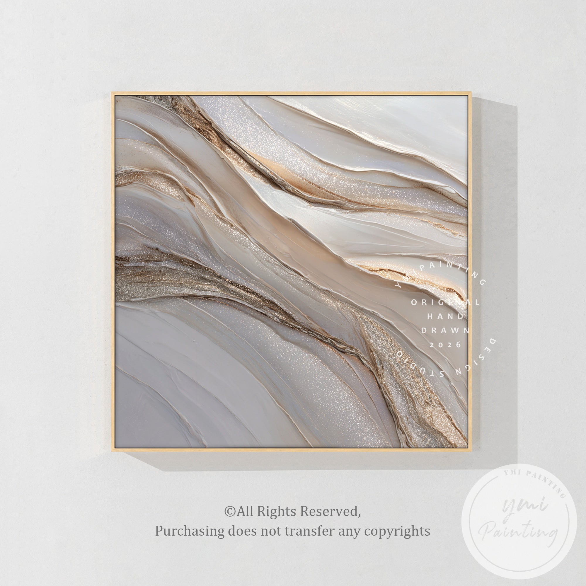 Abstract gold accented wave artwork displayed above wooden dining table in dining room