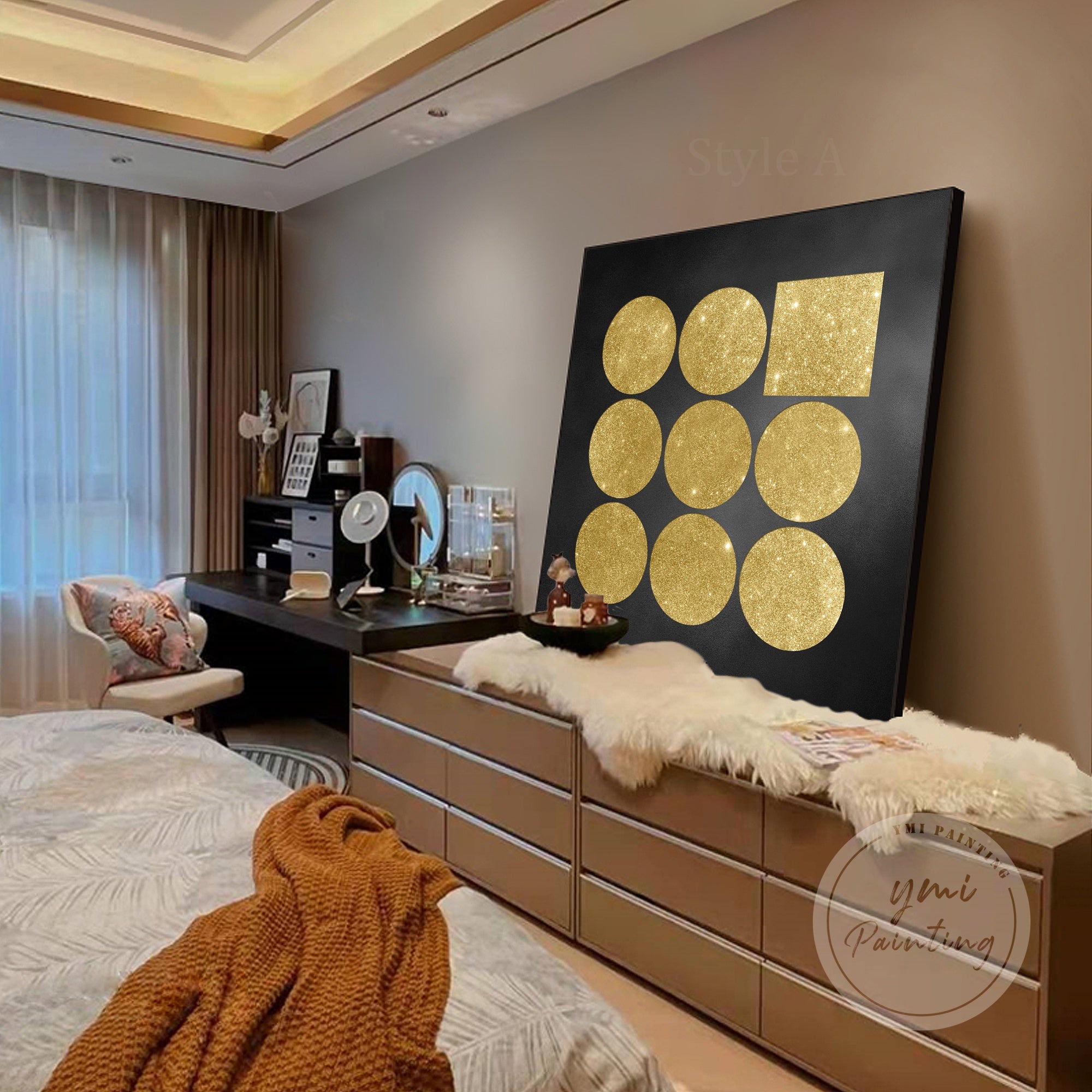 Abstract geometric painting with golden circles and squares for contemporary decor.