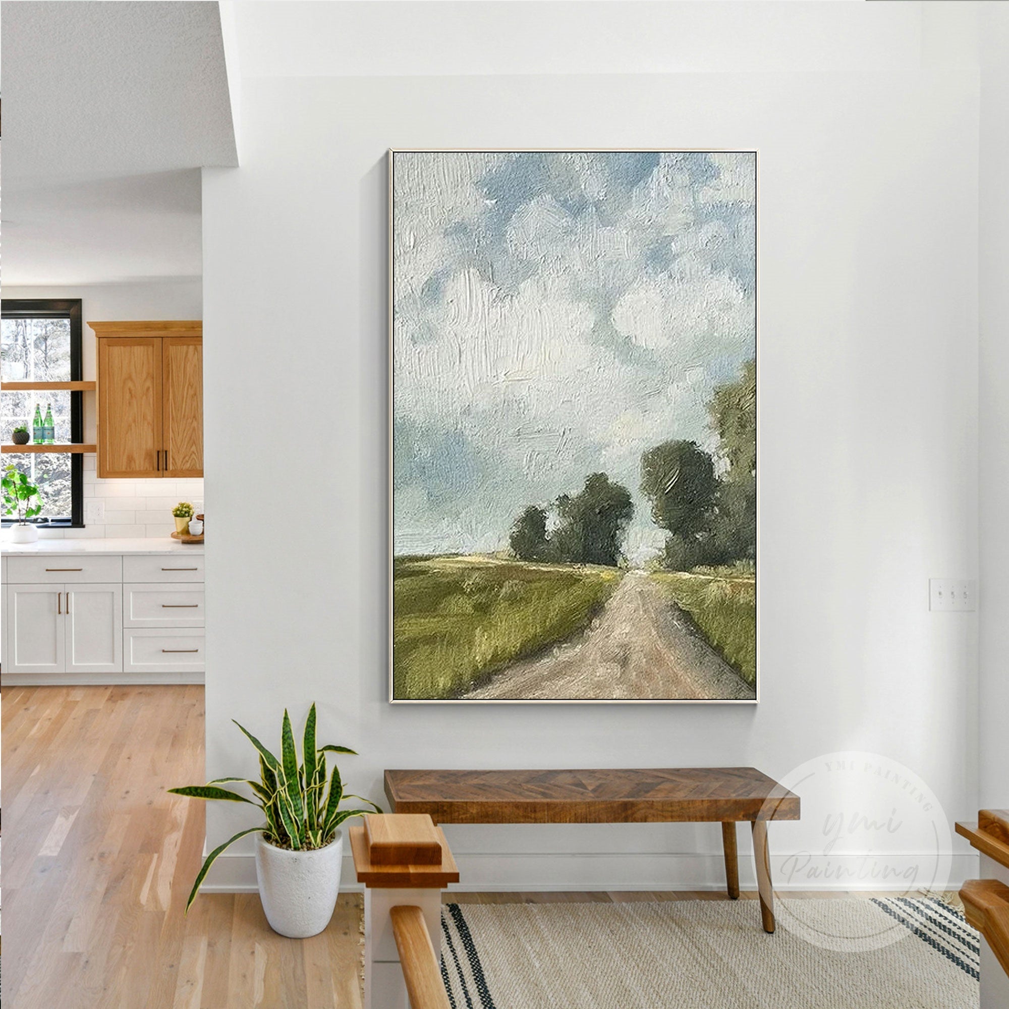 Impasto country road painting with trees and cloudy sky on canvas