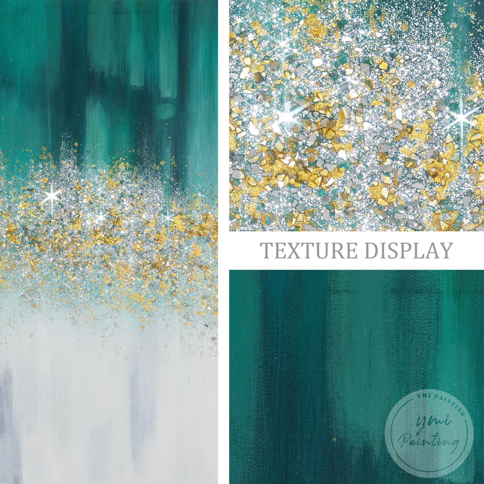 sparkling abstract art with teal, white, and gold accents