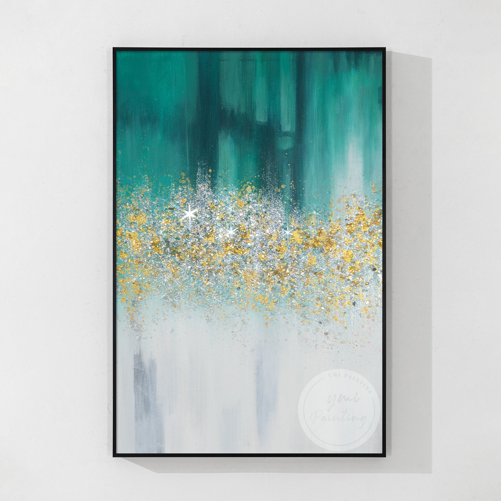 Elegant Teal Painting with Crushed Glass in Black Frame