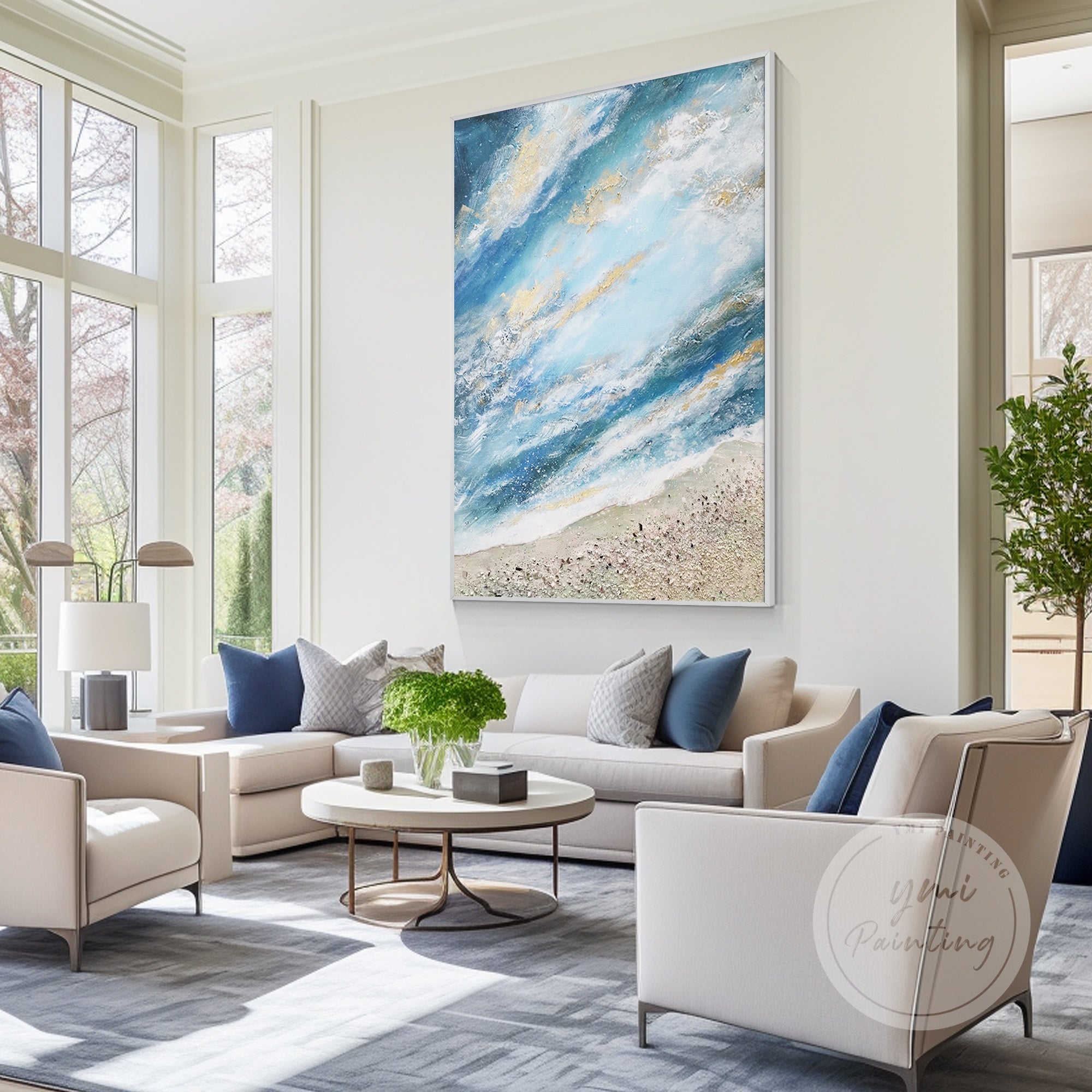 Bring serenity to your interiors with this abstract beach painting in soothing tones and elegant gold highlights.