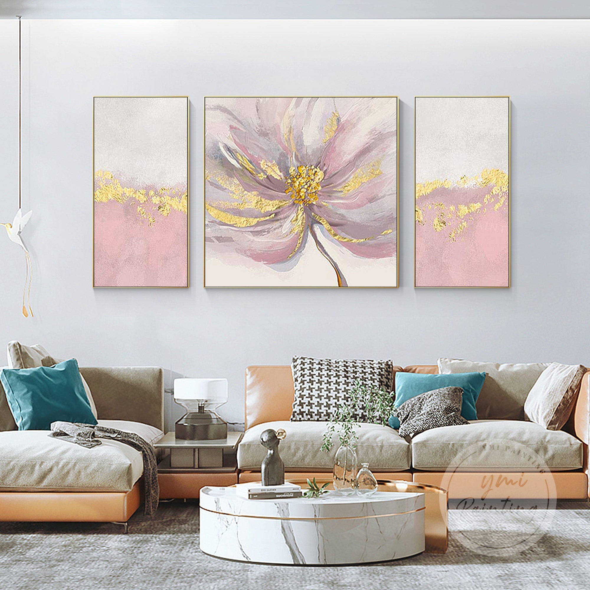 Enhance your master bedroom with this elegant 3-piece floral wall art, showcasing soft pink and gray tones with luxurious gold highlights.