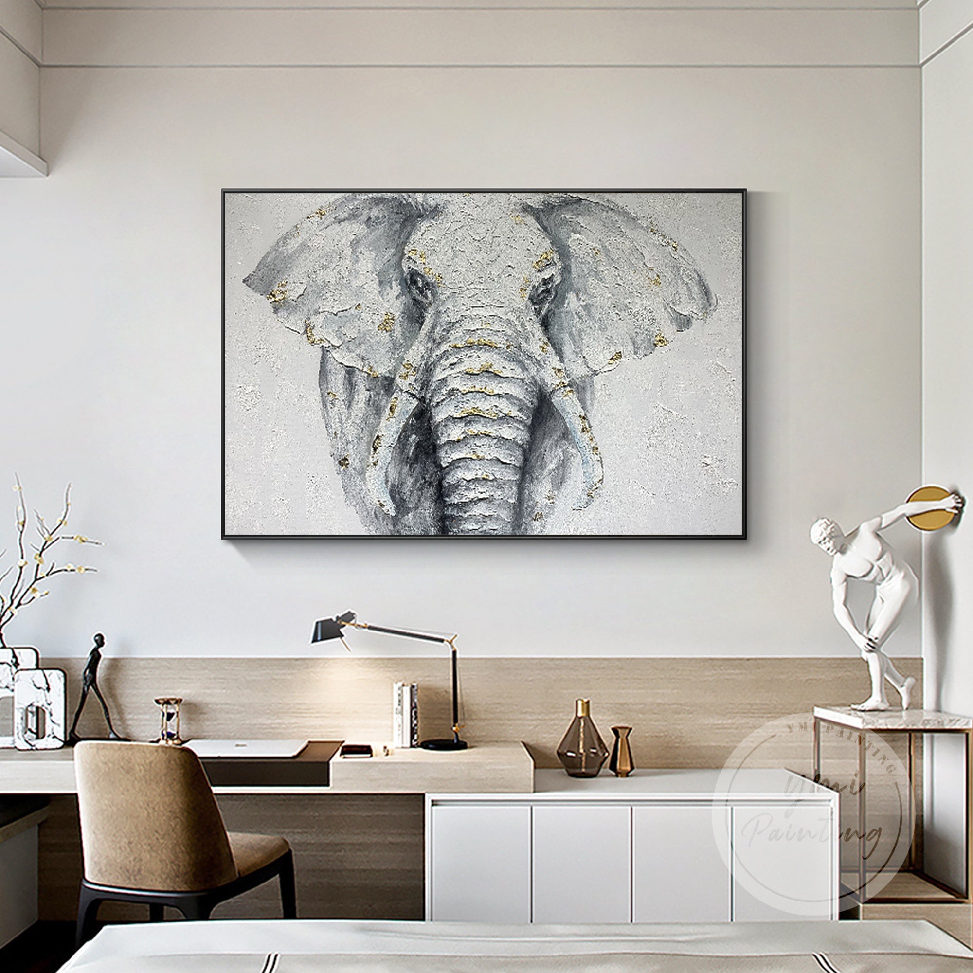 Modern Abstract Elephant Wall Art featuring a hand-painted textured design on grey canvas, symbolizing strength, wisdom, and serenity.