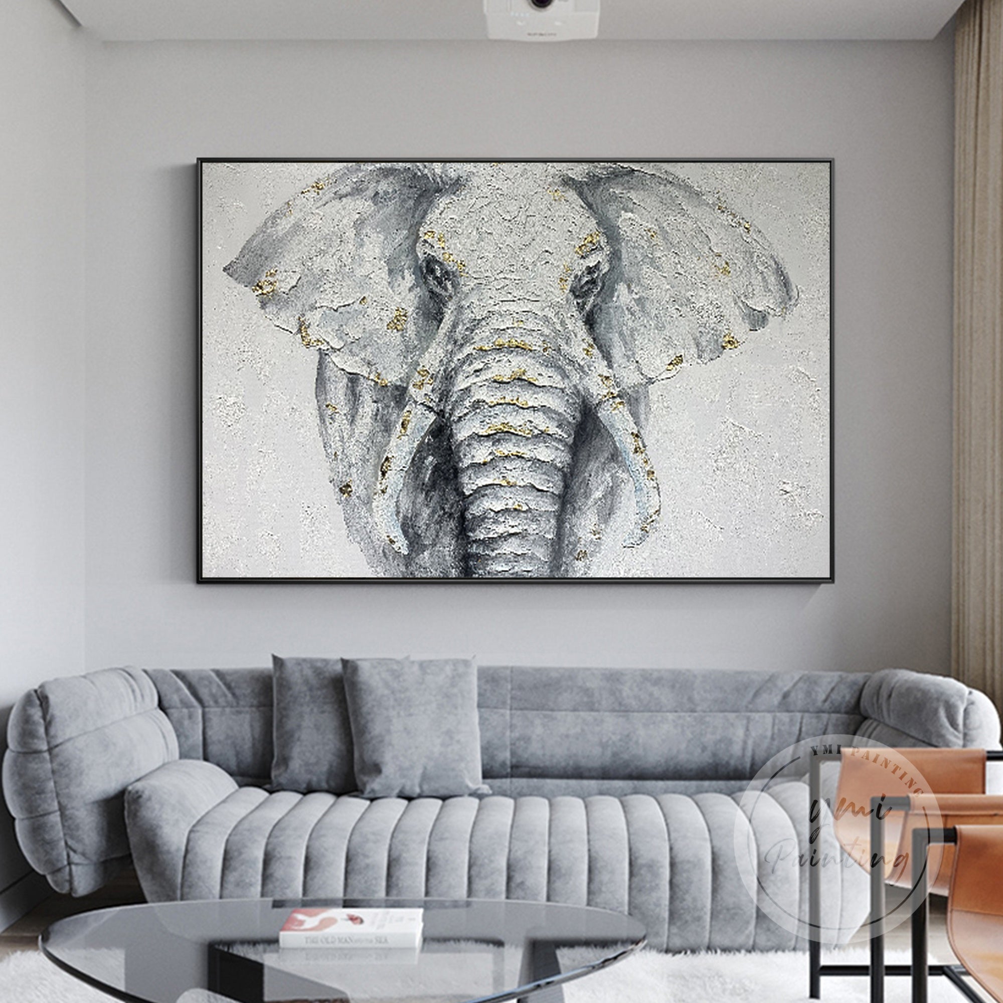 Large Framed Elephant Canvas Painting in neutral grey tones, perfect for adding a sophisticated and calming touch to your living room or office.