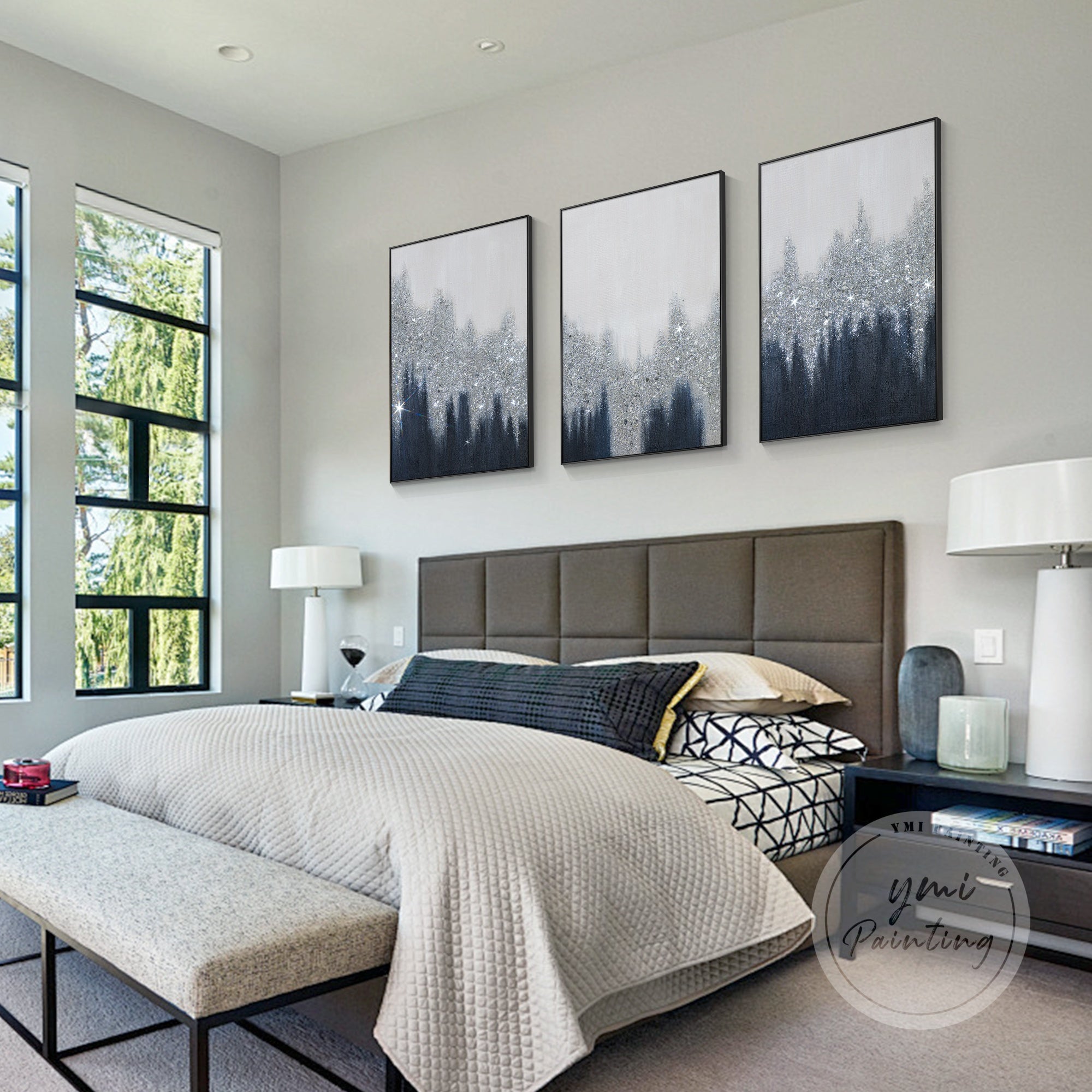 This abstract painting design features glitter and modern gradients, ideal for adding depth to contemporary interiors.