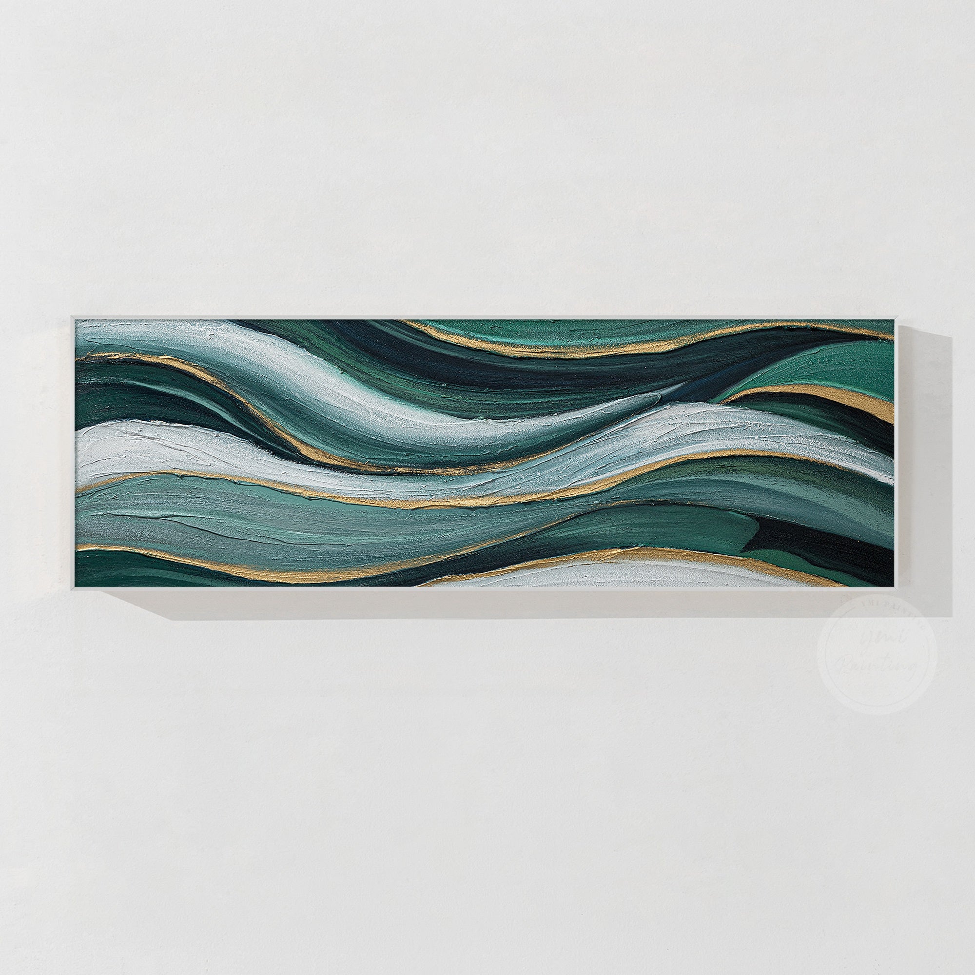 Original emerald green abstract canvas painting with luxury textured details