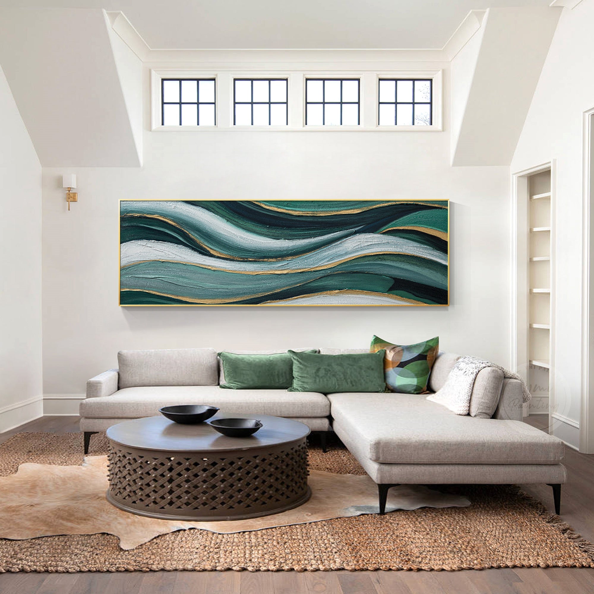 Handmade textured artwork with emerald green colors and sophisticated abstract patterns