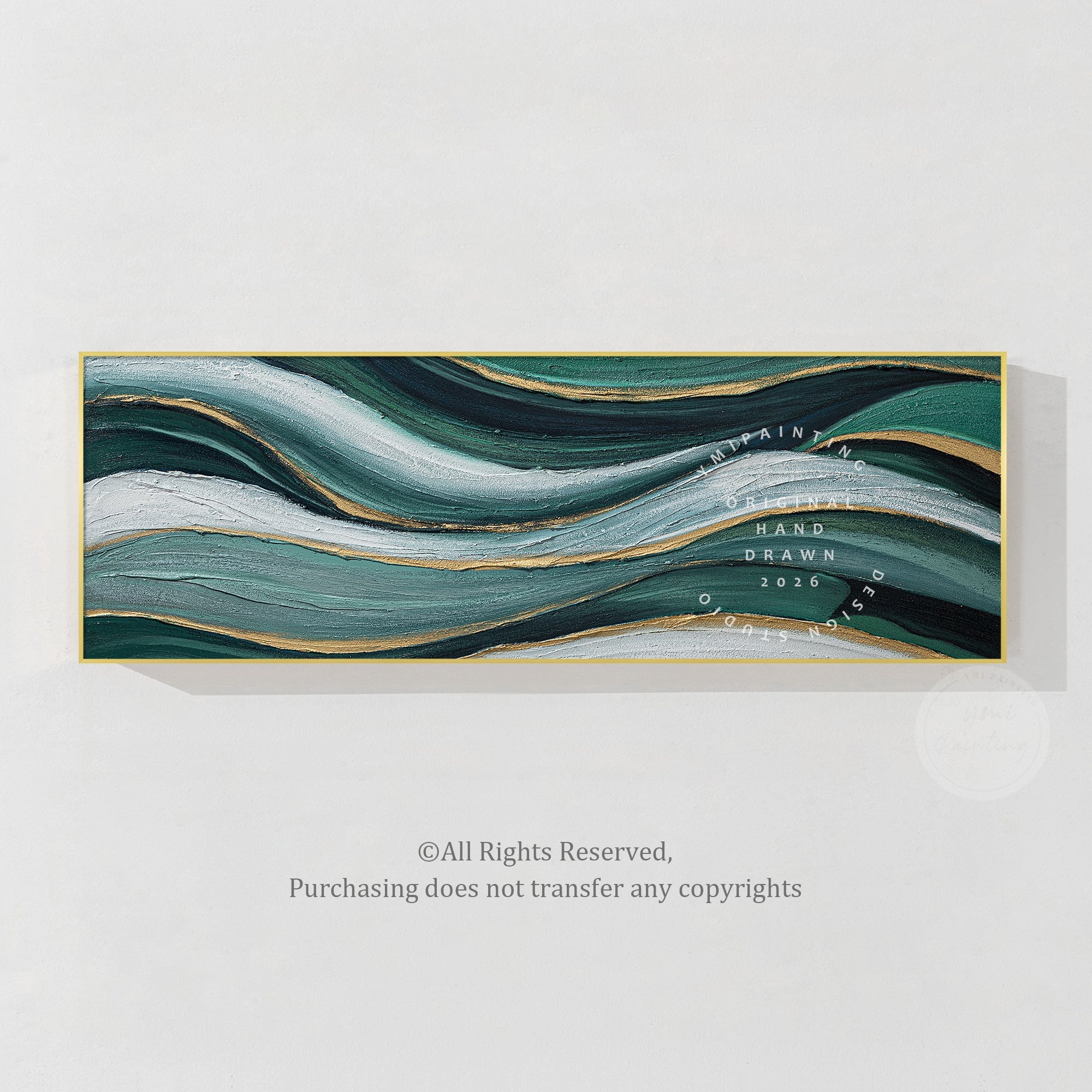Original emerald green abstract canvas painting with luxury textured details