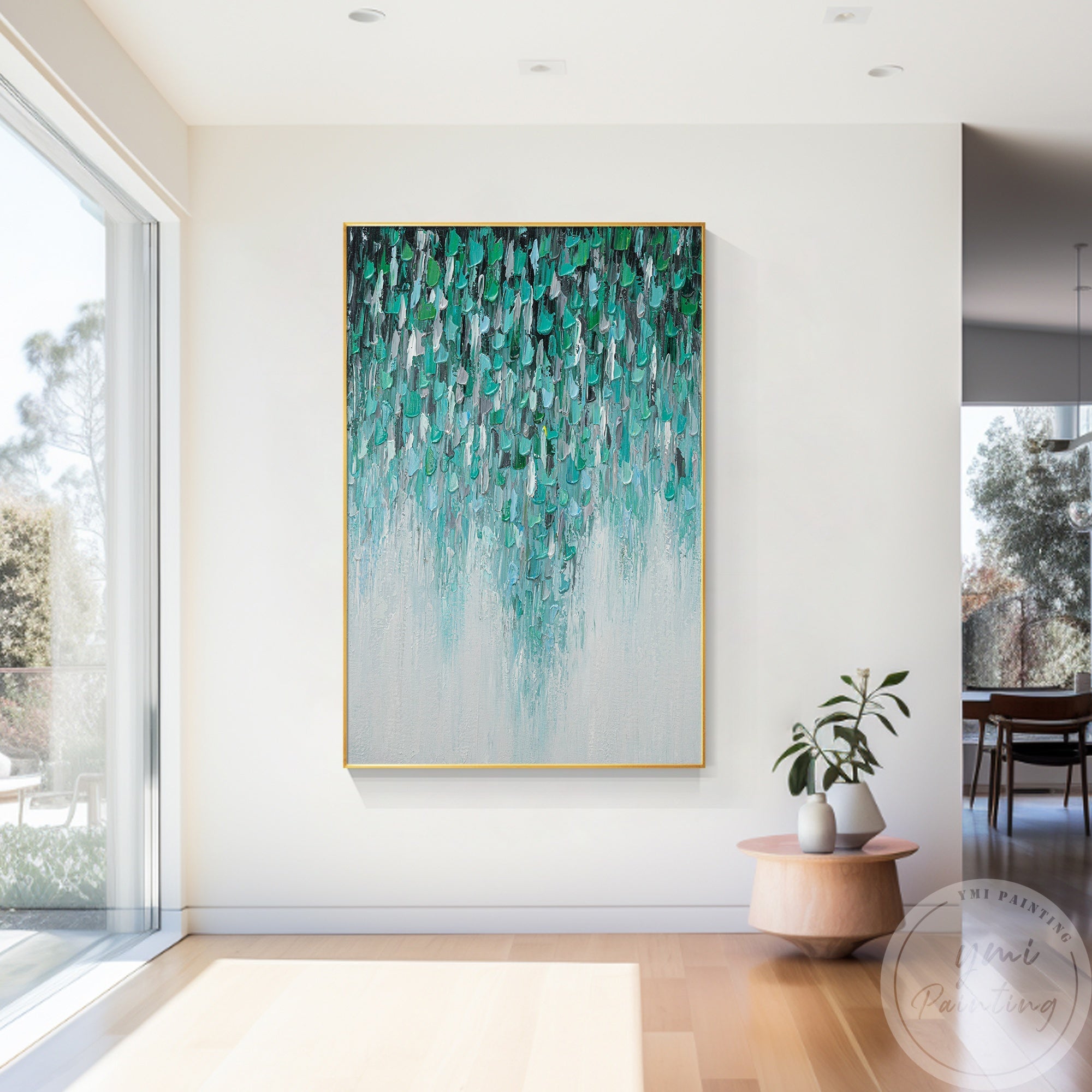 Abstract emerald green and turquoise painting with brushstroke texture.