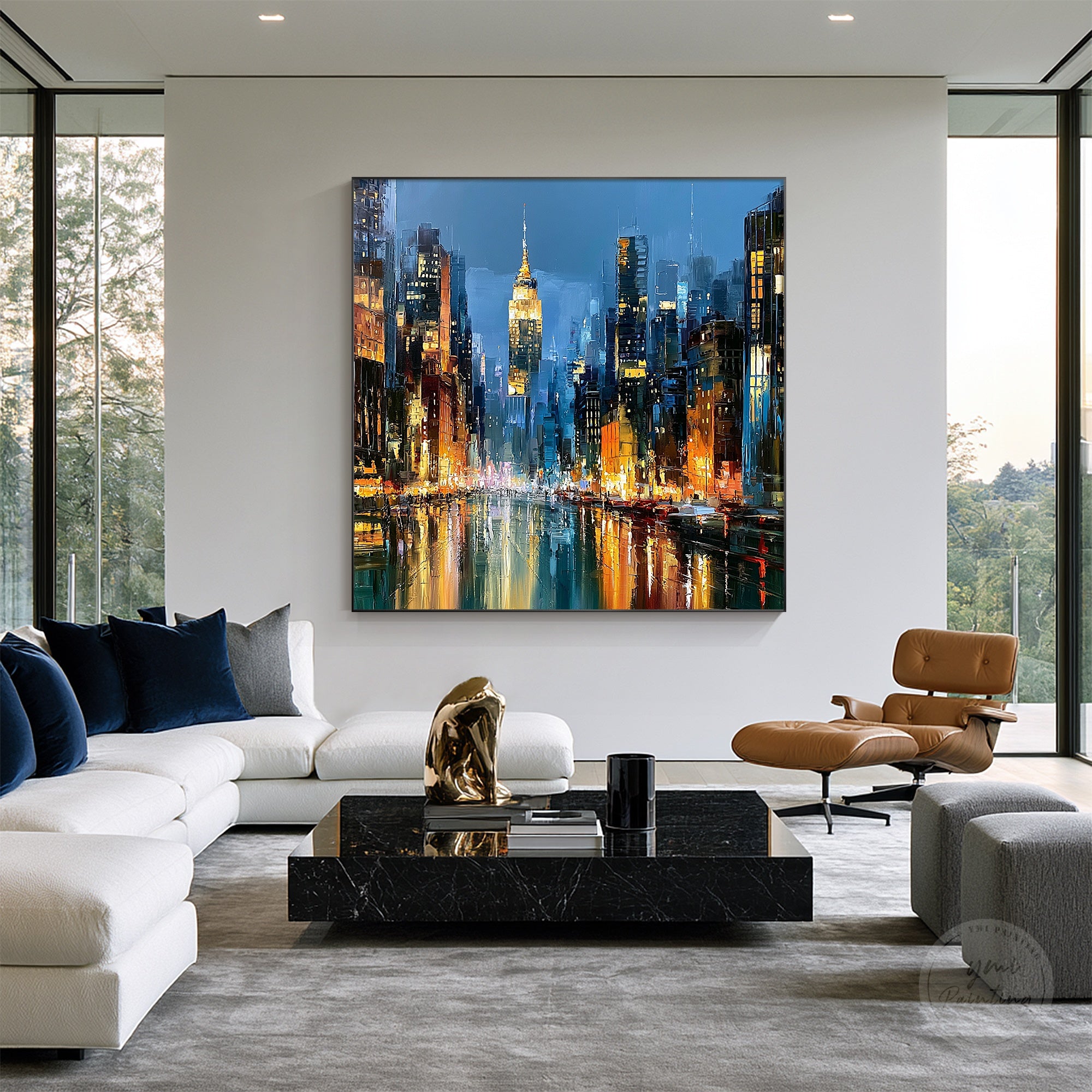 Manhattan urban landscape painting with reflections