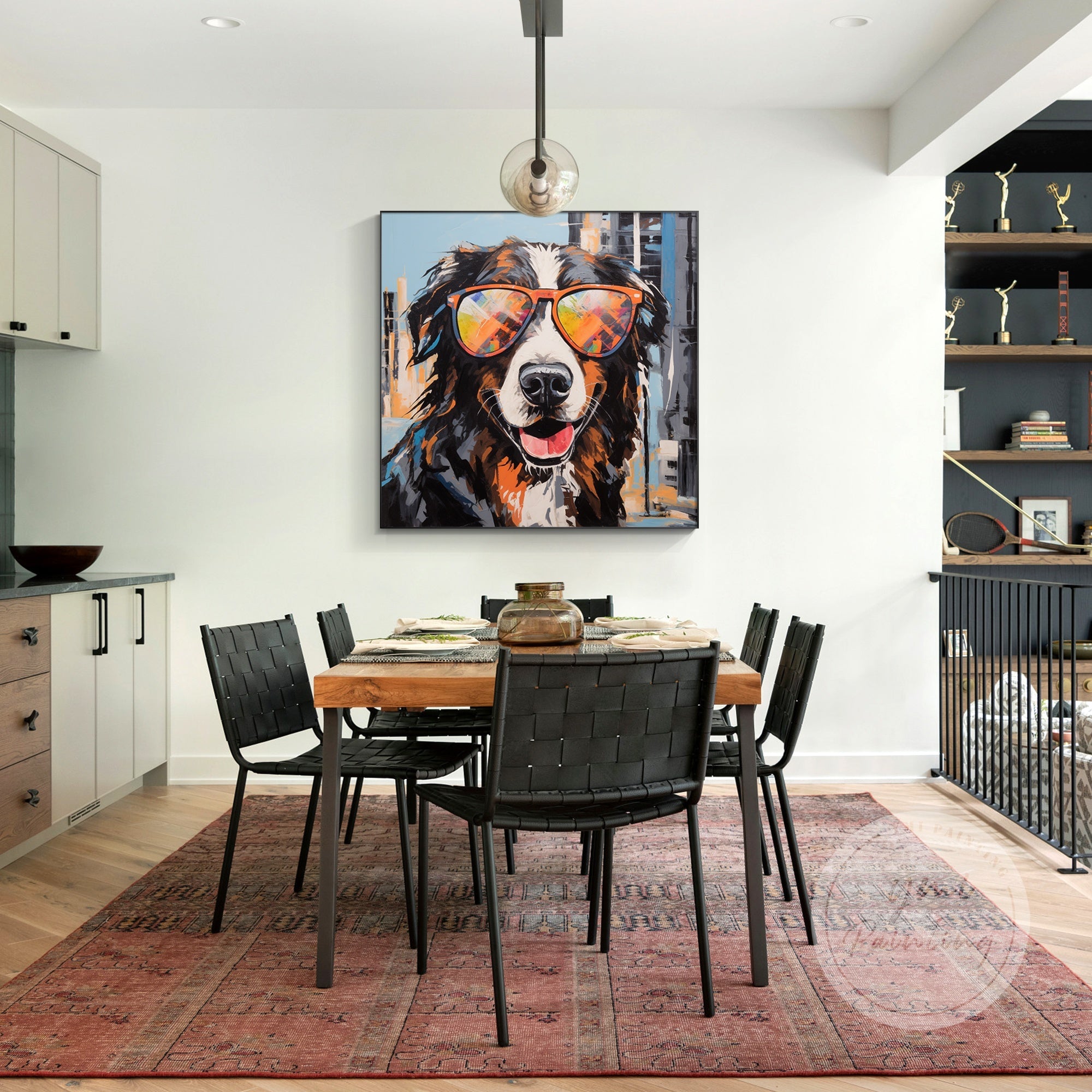 This energetic dog painting, set against a light blue cityscape, brings joy and modern charm to bedroom.