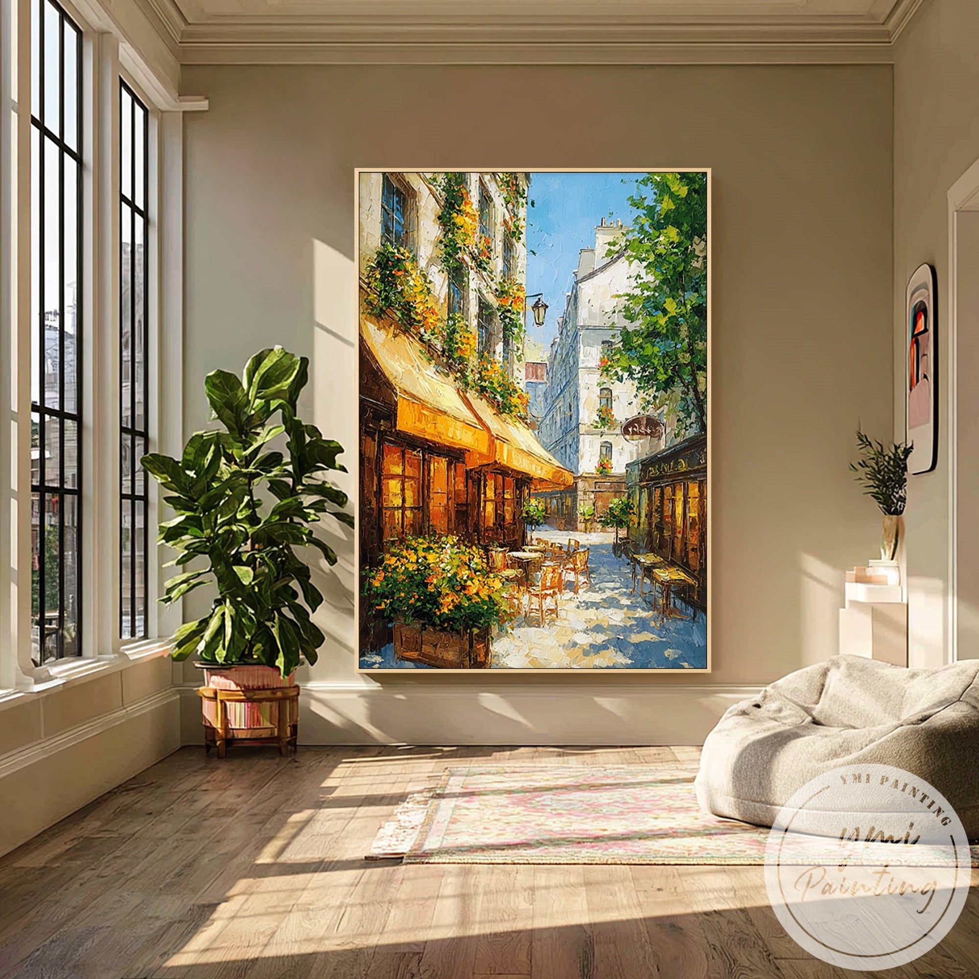 Urban alley painting with floral balconies and café terraces