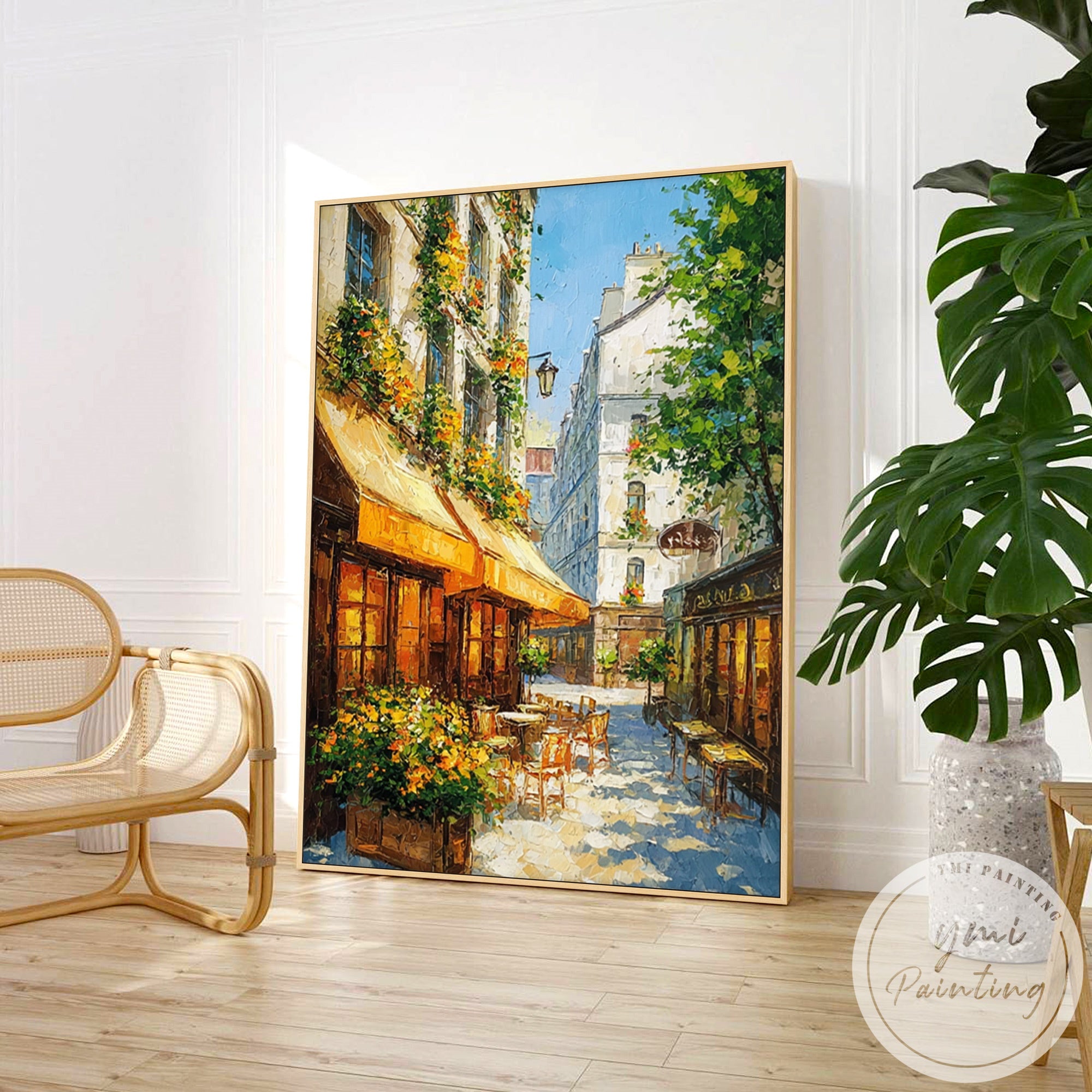 Impressionist city street wall art with textured brushwork
