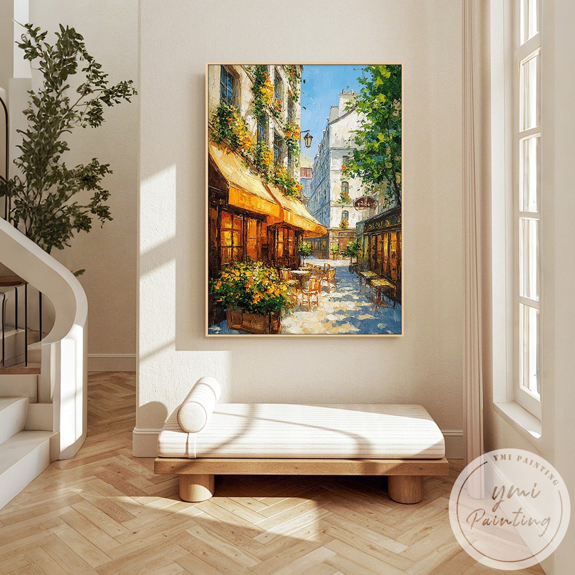 Handcrafted cityscape artwork with warm tones and greenery