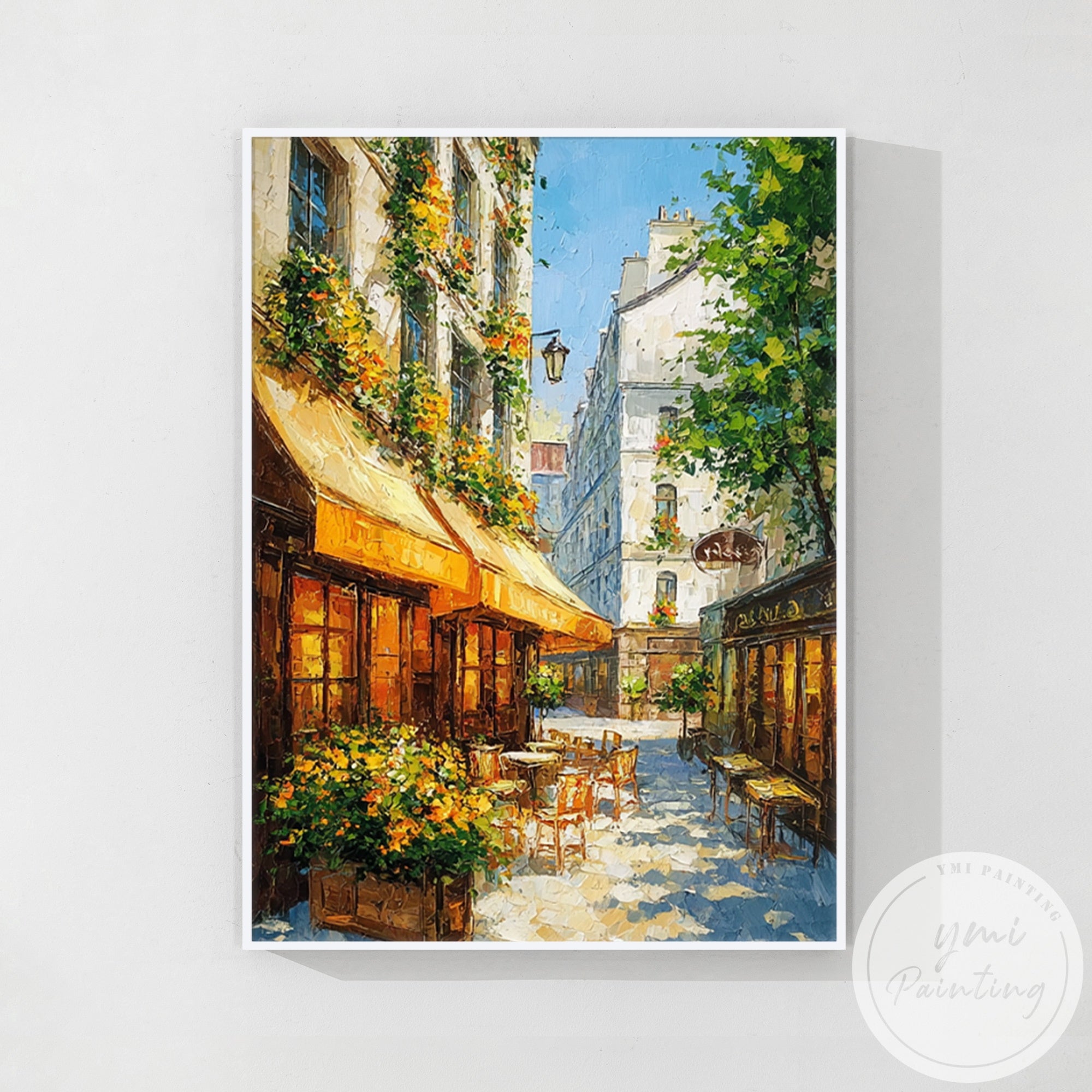 Detailed city alley painting with outdoor seating and plants