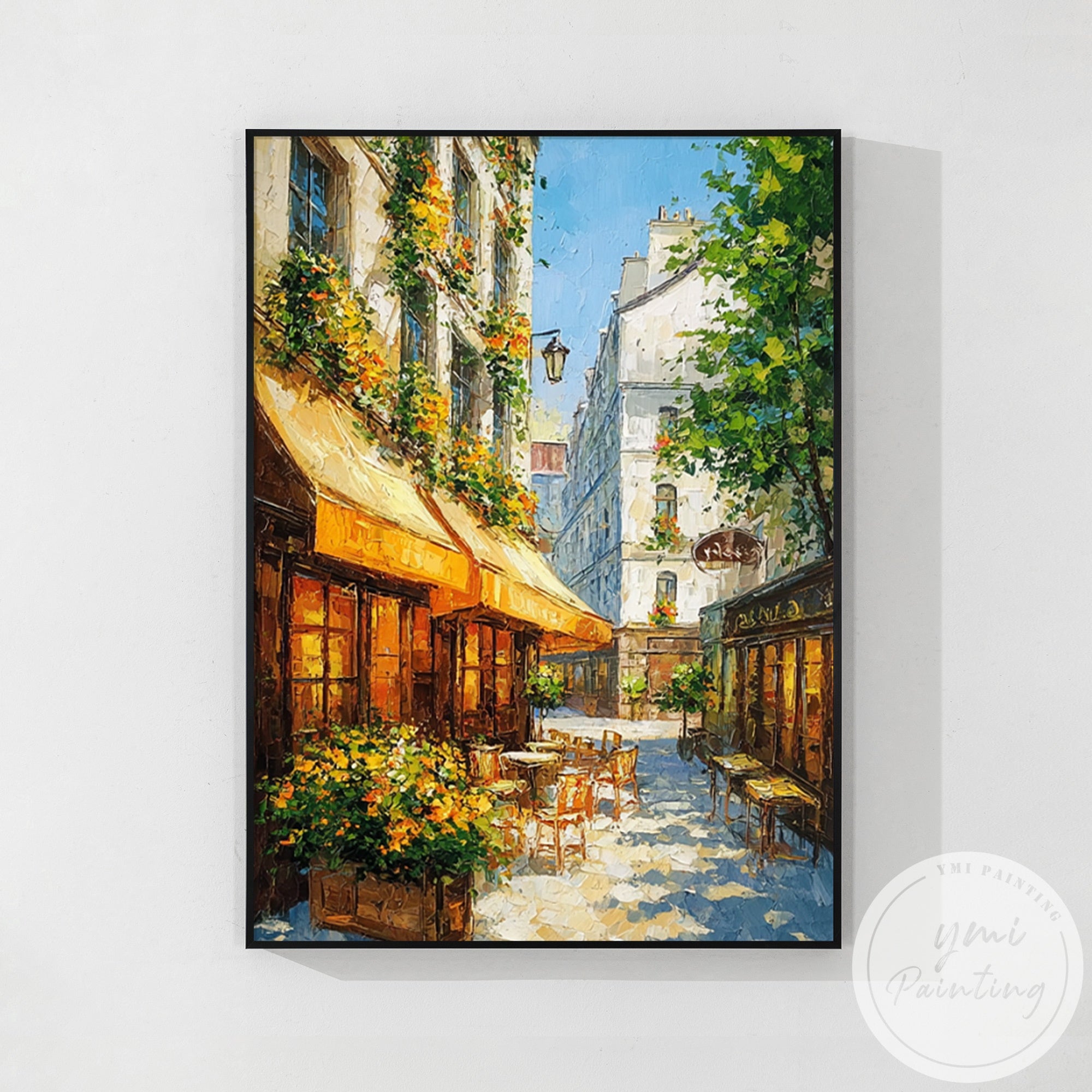 Detailed city alley painting with outdoor seating and plants