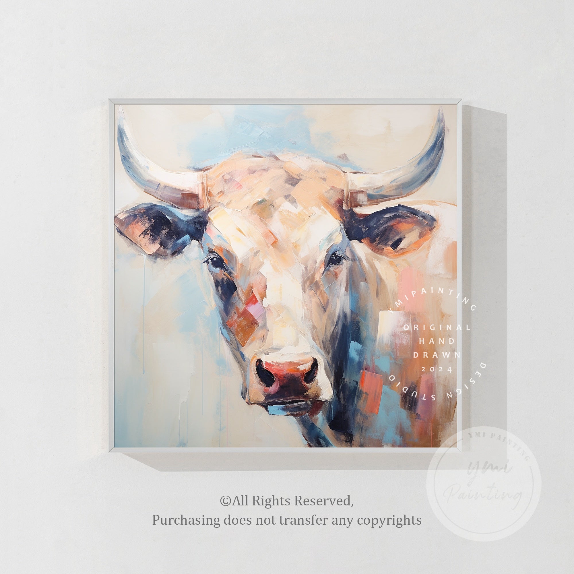 This painting of a playful cow, with vibrant hues and delicate textures, brings life and personality to contemporary spaces.