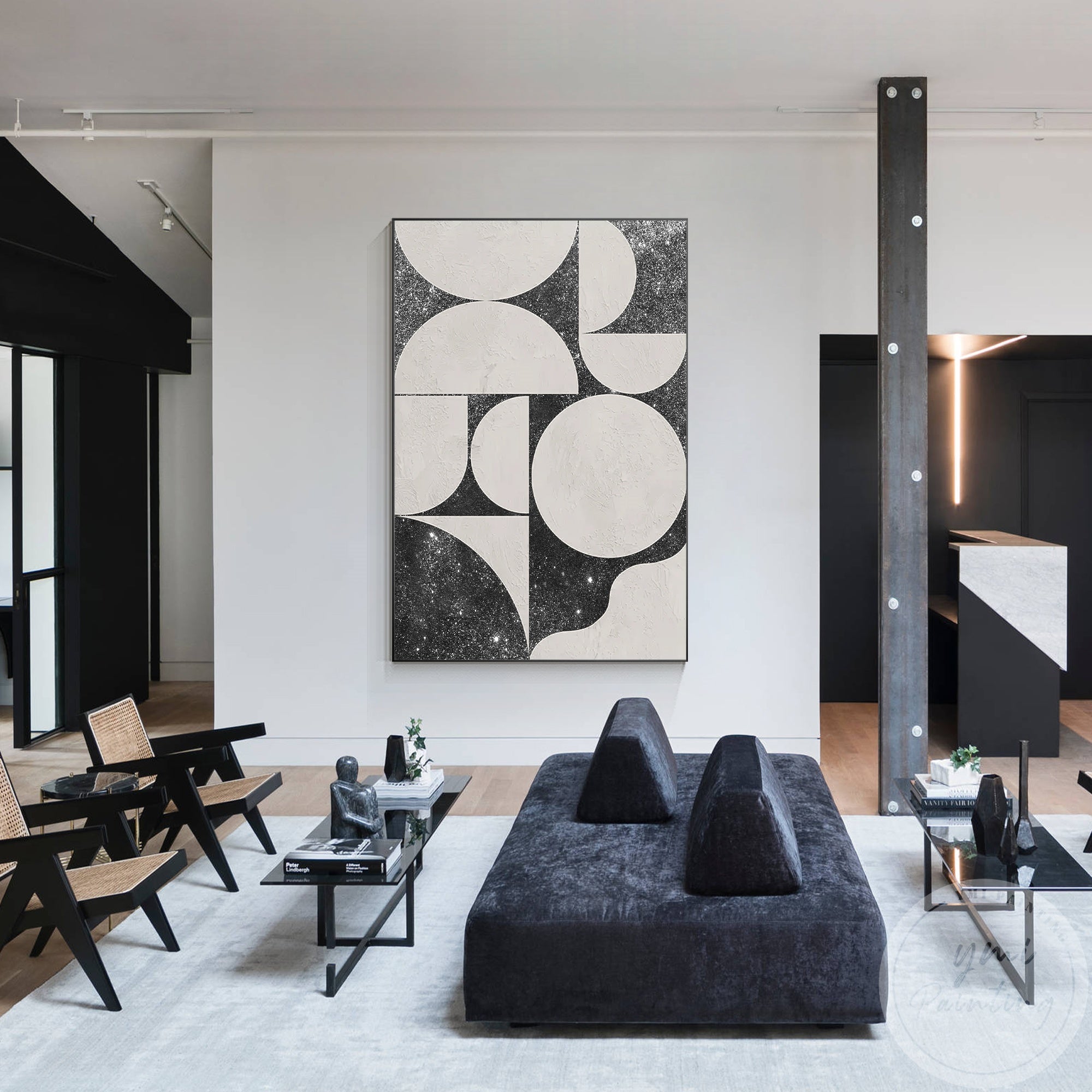 Modern Black and White Painting with Geometric Shapes and Glitter Detail.