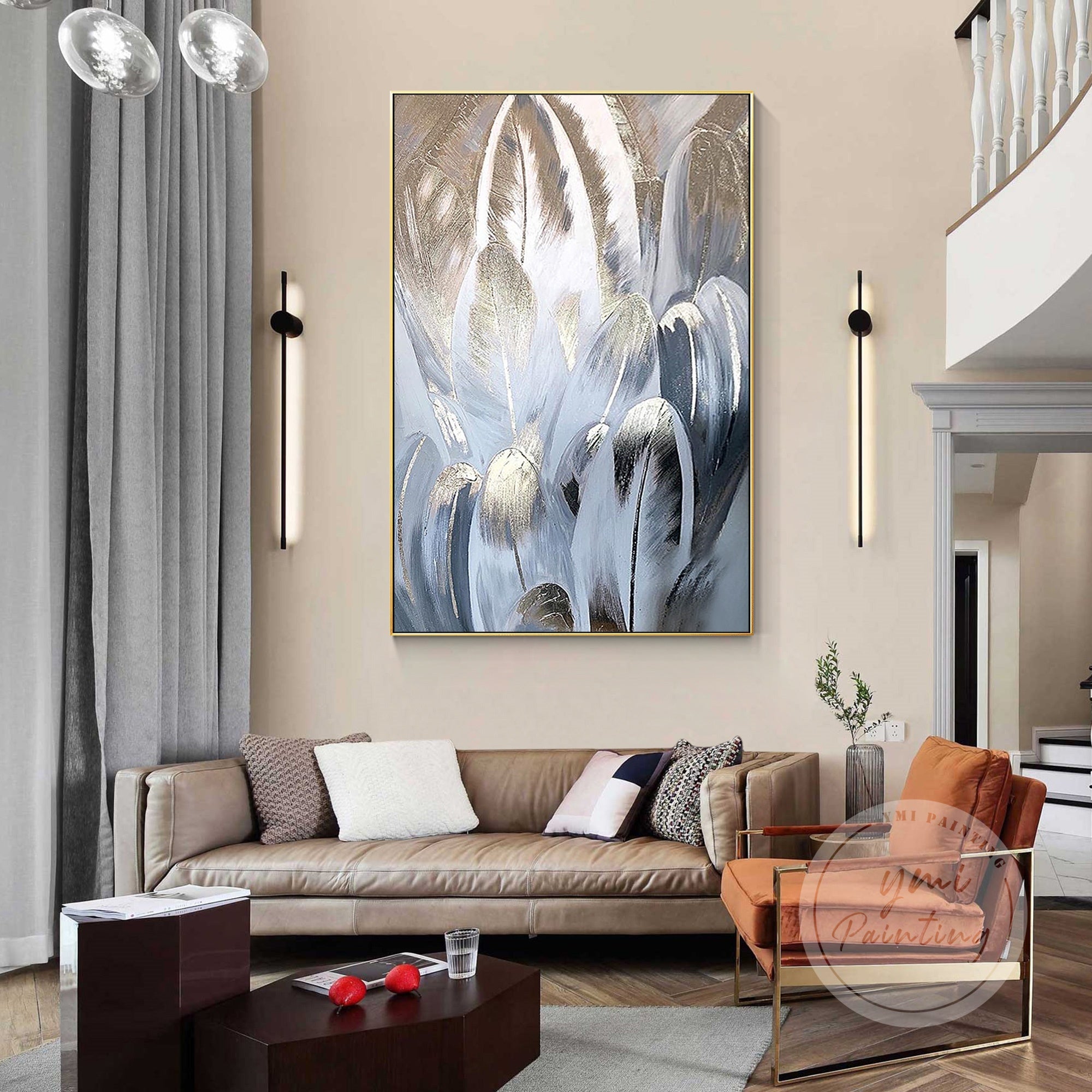 Rose gold feather abstract painting with light steel blue tones, featuring rich textures and elegant brushstrokes.
