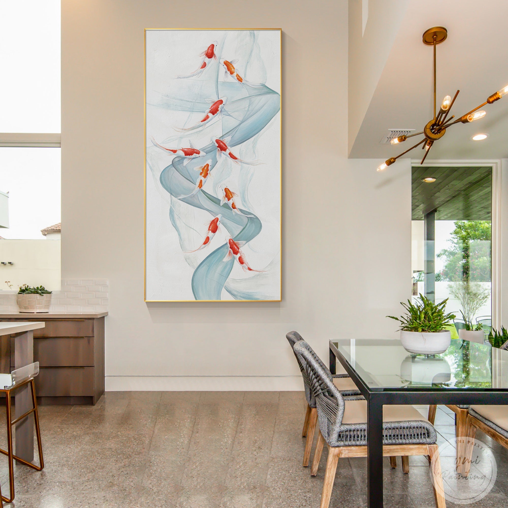Framed 9 koi fish wall art with designed blue water flow presented in a modern interior environment.