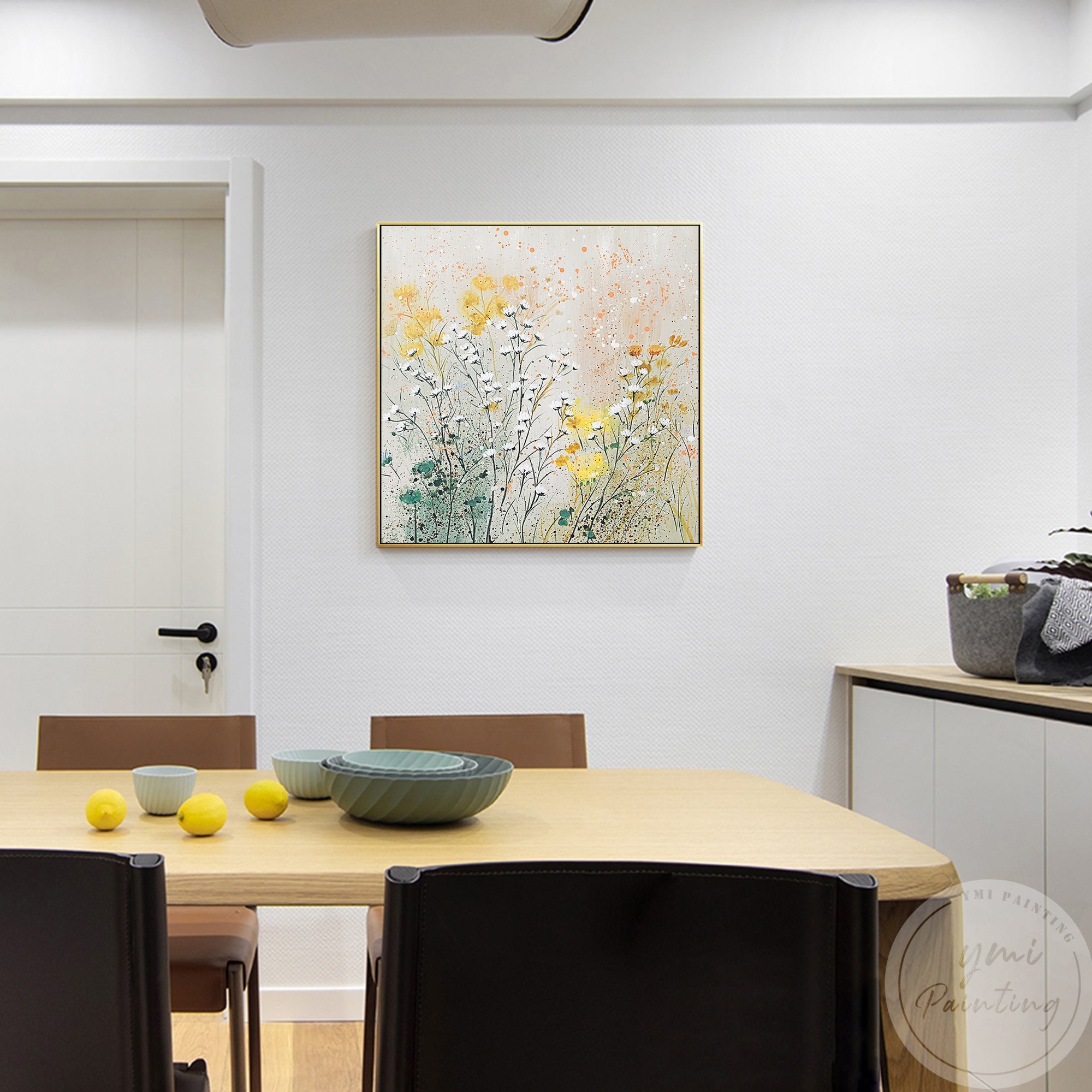With its gentle brushstrokes and pastel wildflower hues, this abstract floral painting is perfect for adding tranquility and elegance to a modern dinner room.