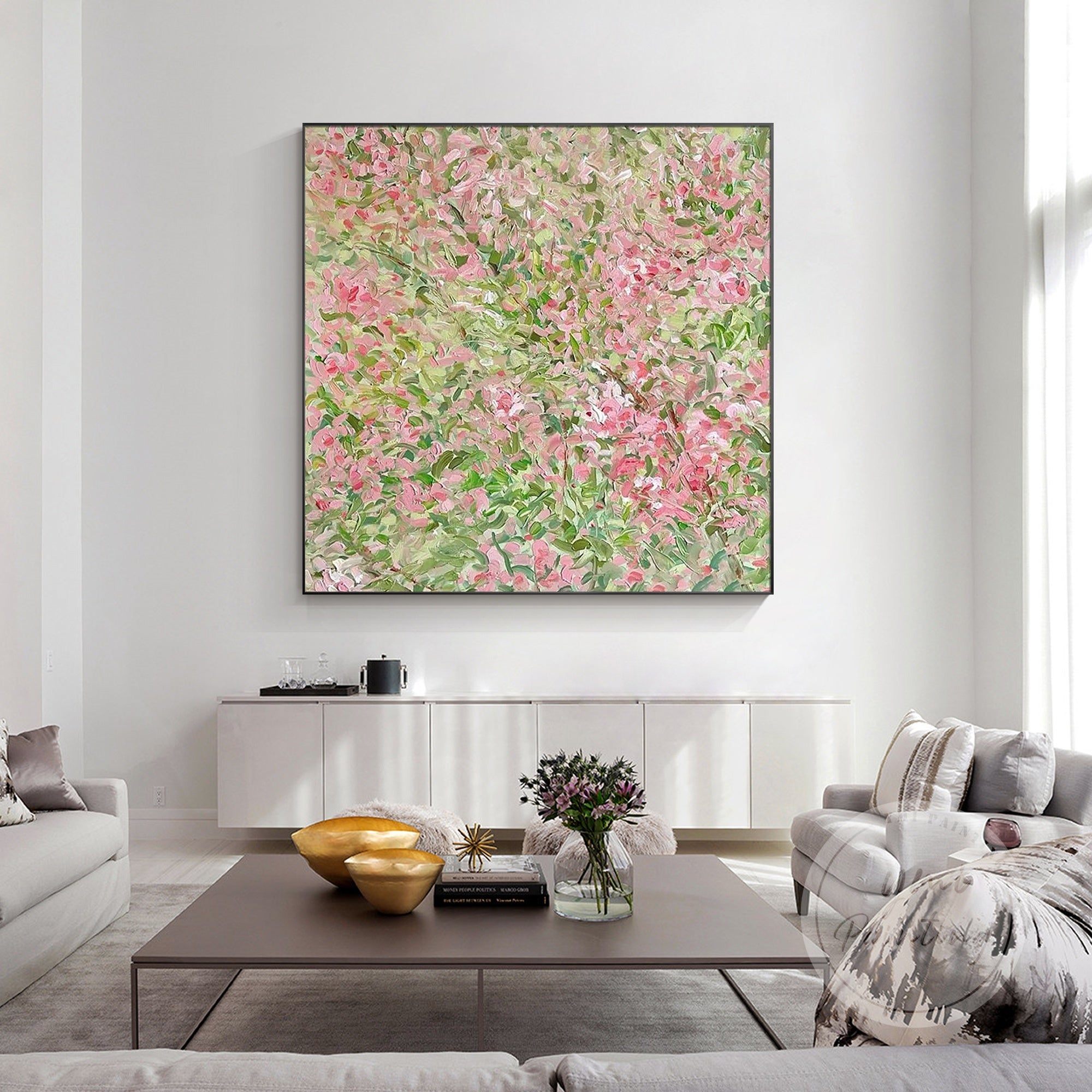Oil Painting of Pink Flowers on White Canvas in silver frame.