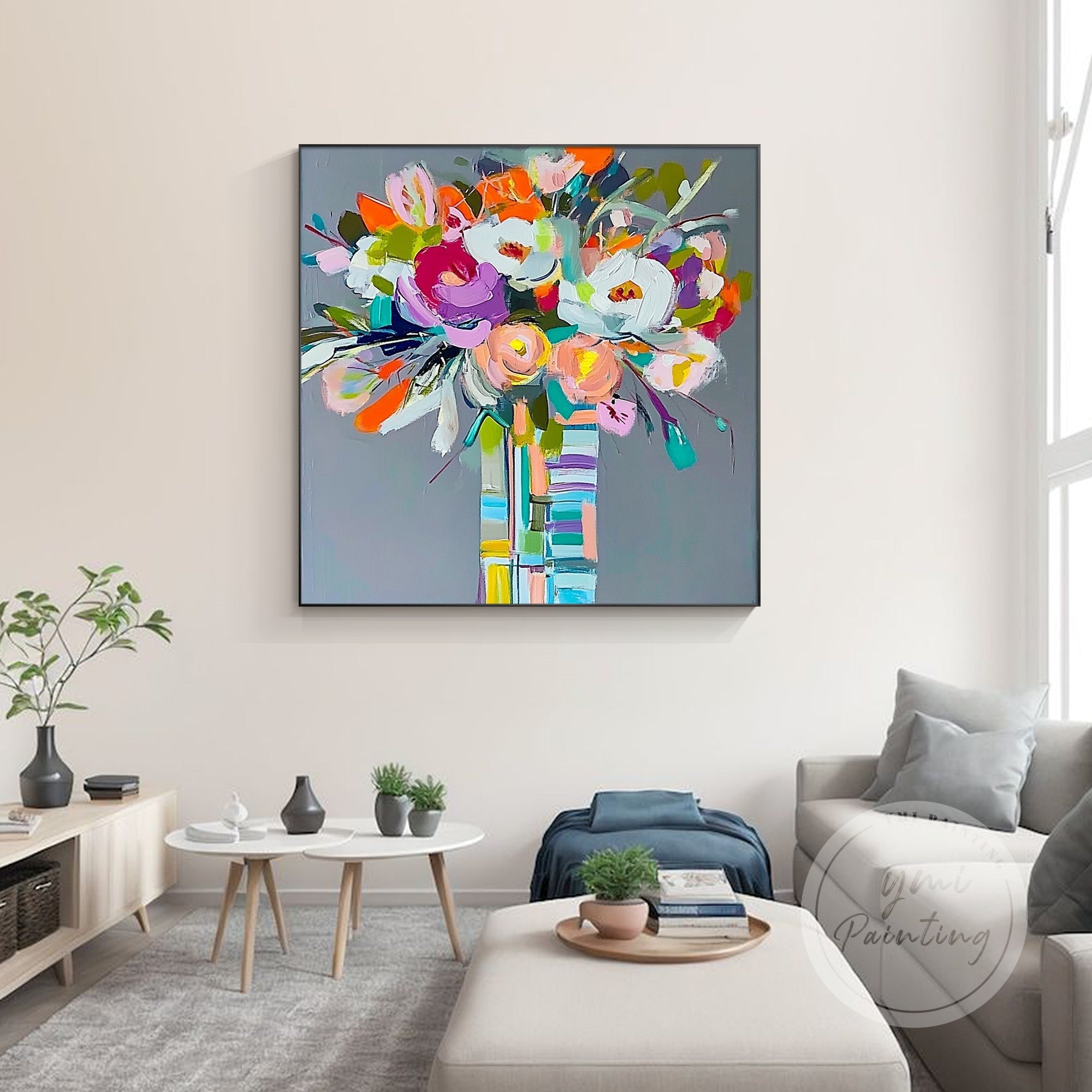 Bright fuchsia flowers in abstract floral painting