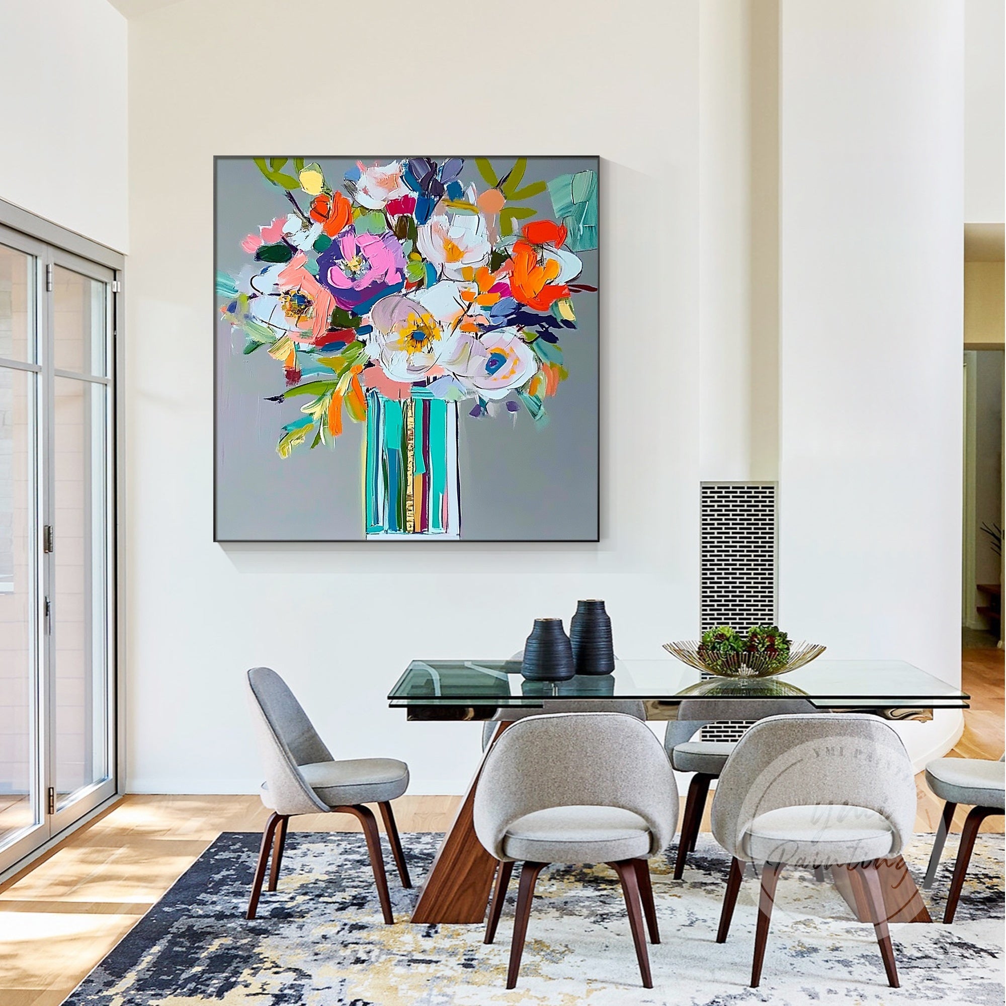 Modern floral painting with striped vase