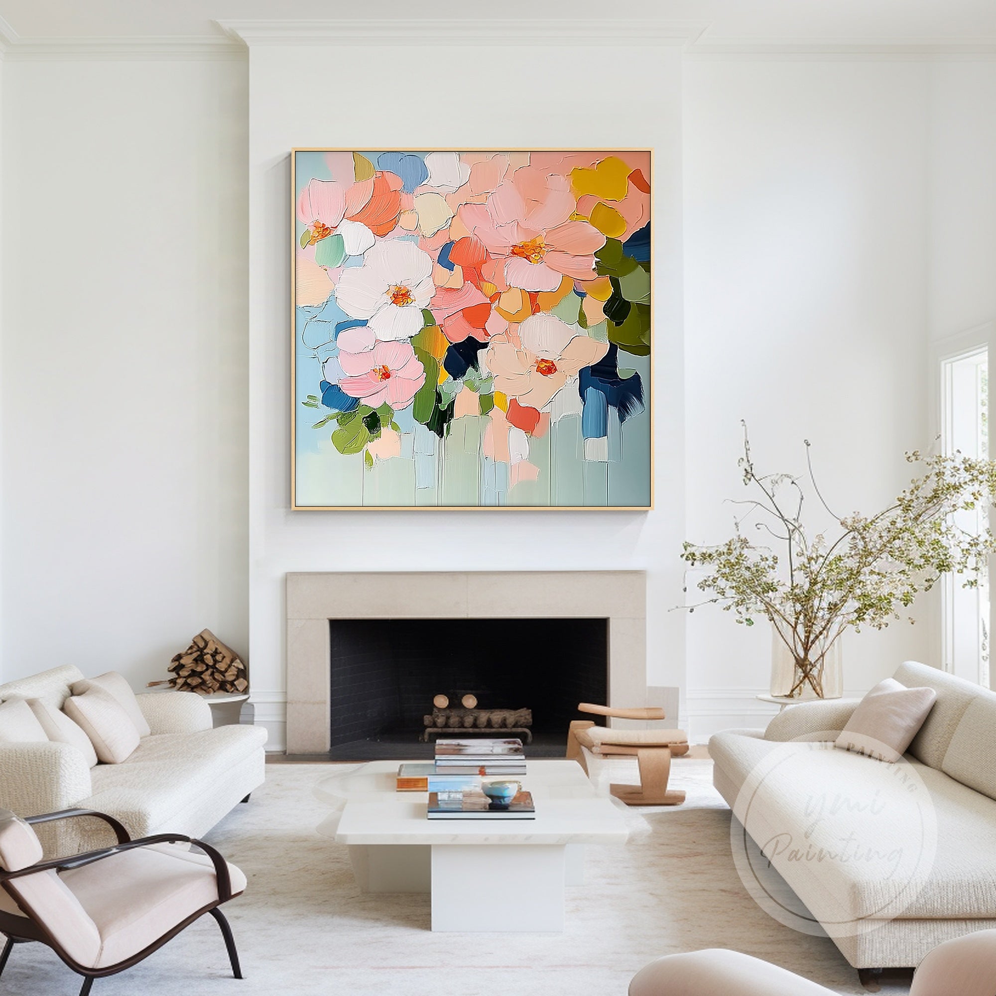Abstract floral artwork on textured canvas