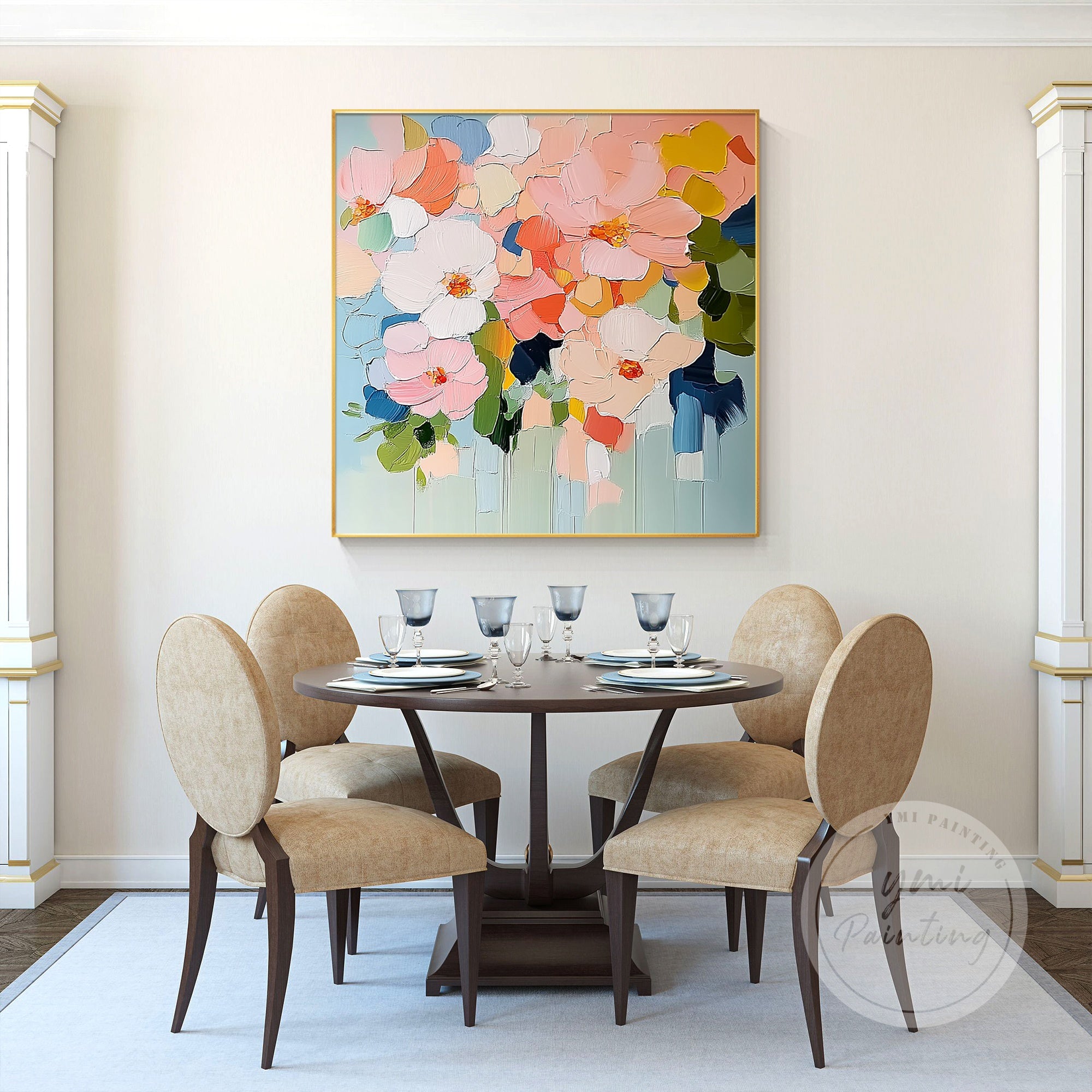 White abstract blooms with subtle green accents