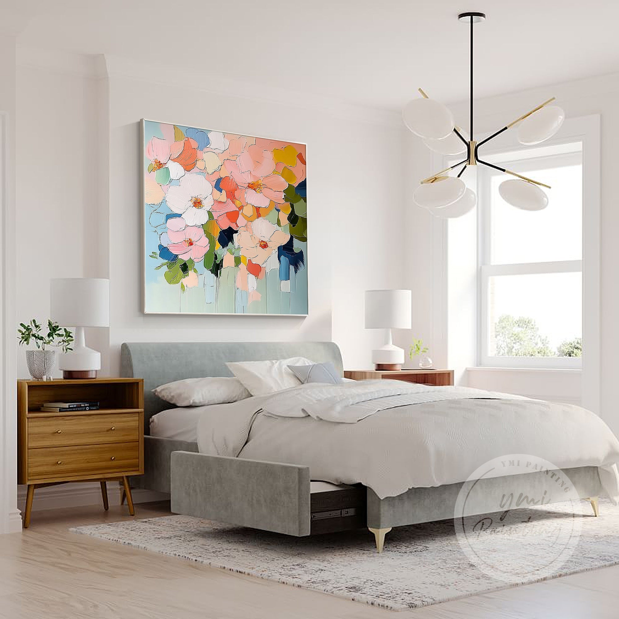 Pastel flower canvas painting with orange highlights
